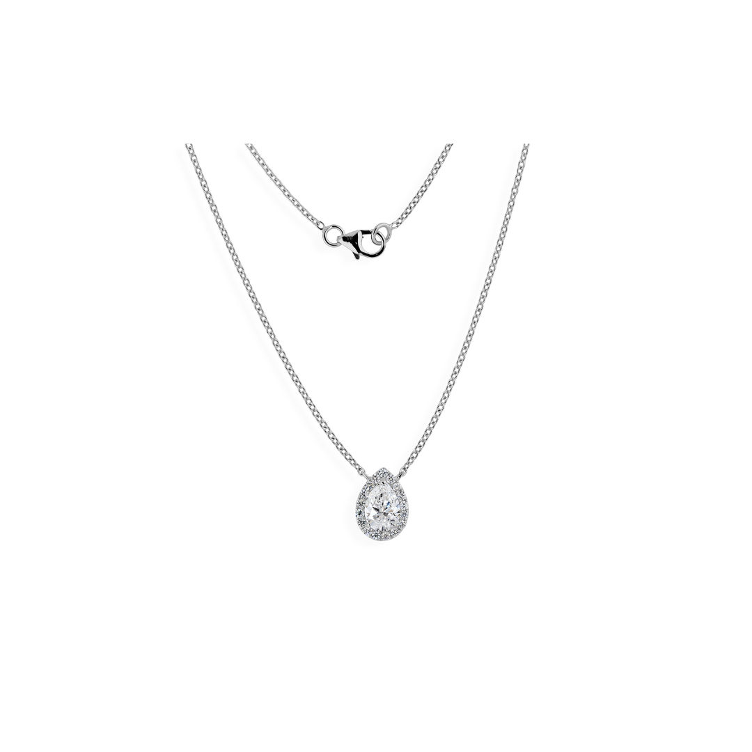 Natural Pear Shaped Halo Diamond Pendant Necklace in Fine Gold