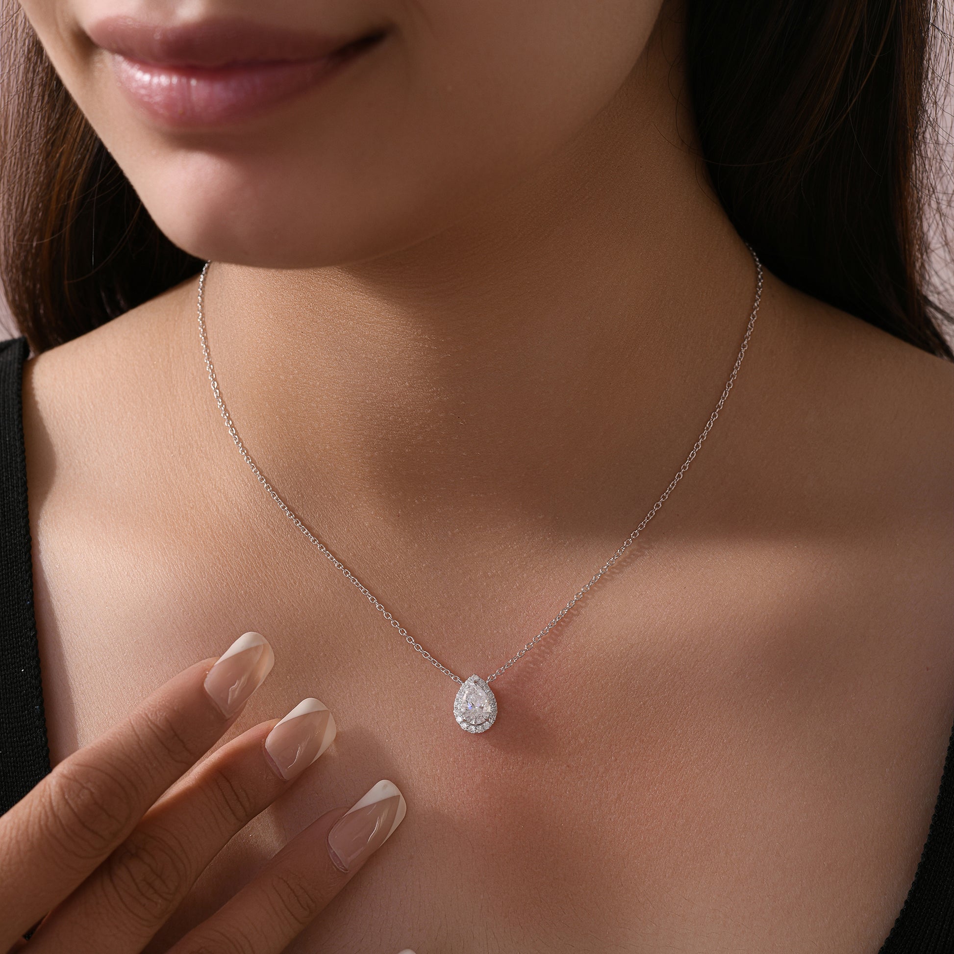 Natural Pear Shaped Halo Diamond Pendant Necklace in Fine Gold