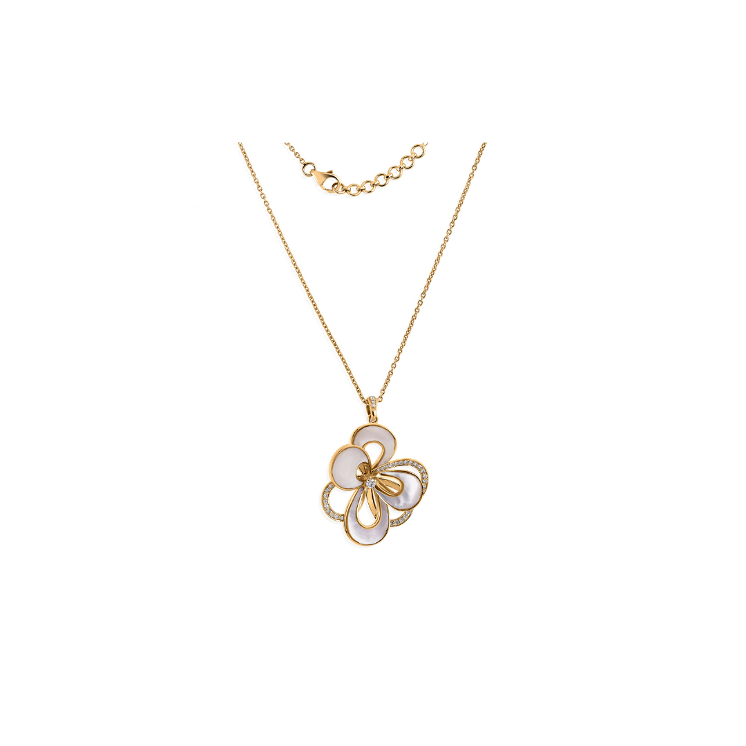 Flower Inspired Mother of Pearl Natural Diamond Gold Pendant Necklace