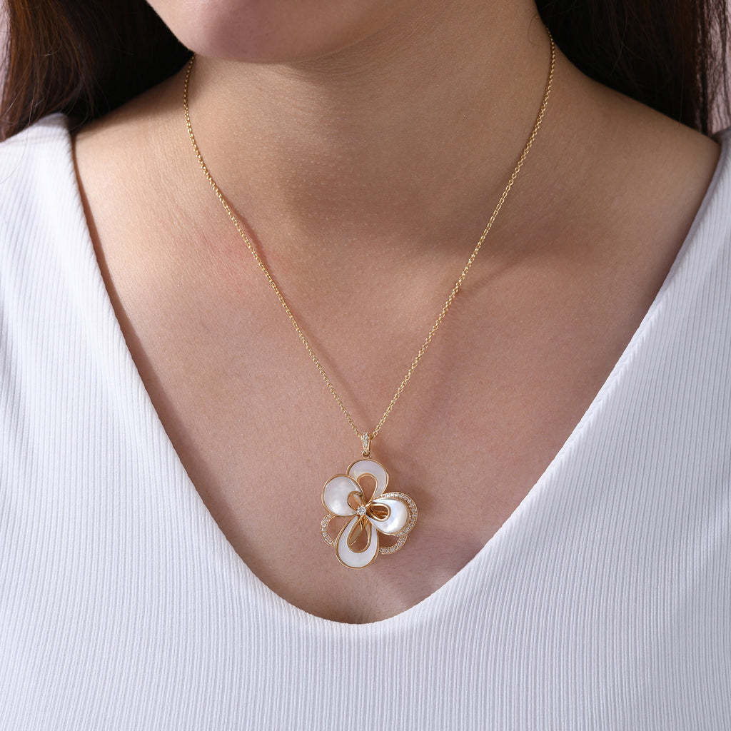 Flower Inspired Mother of Pearl Natural Diamond Gold Pendant Necklace