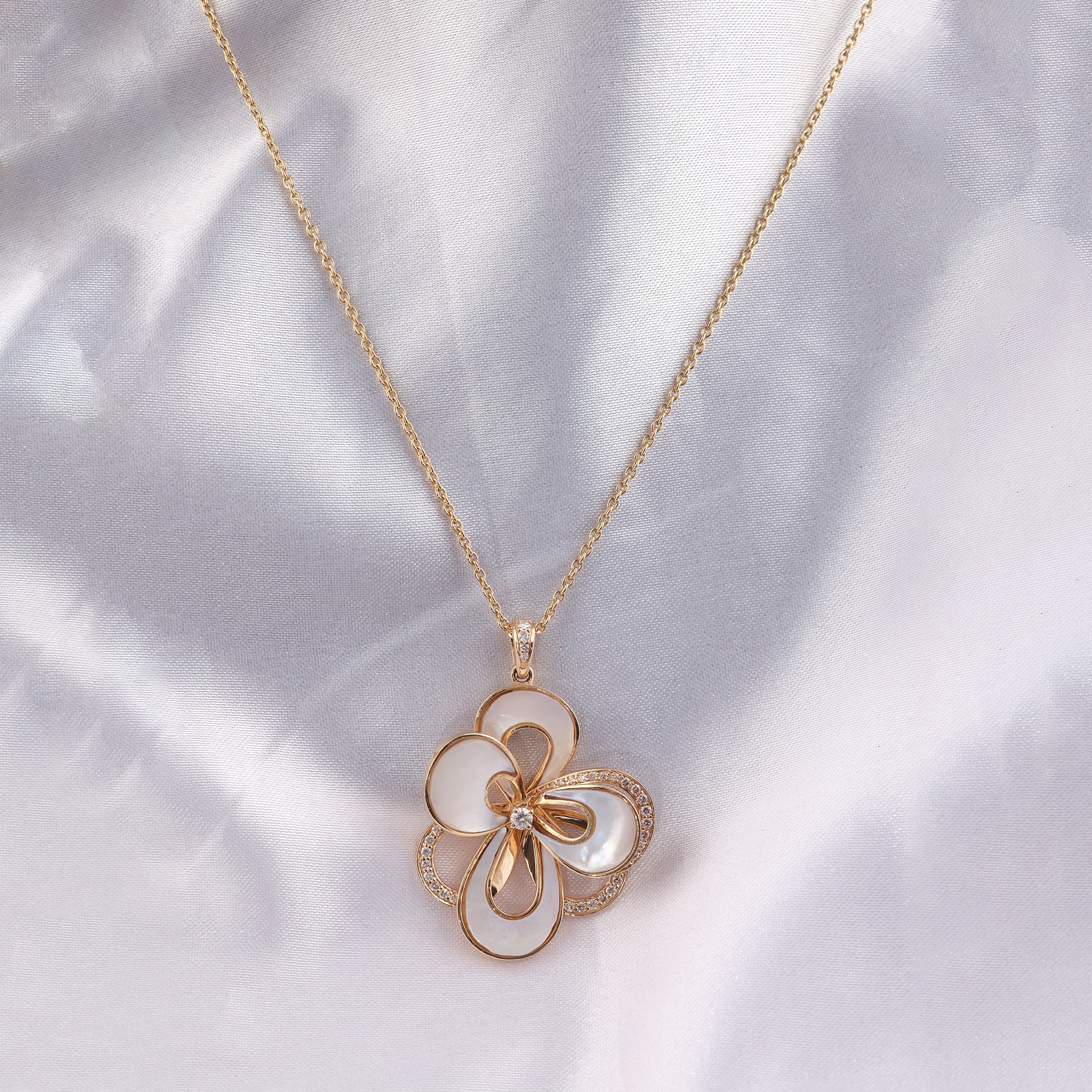 Flower Inspired Mother of Pearl Natural Diamond Gold Pendant Necklace