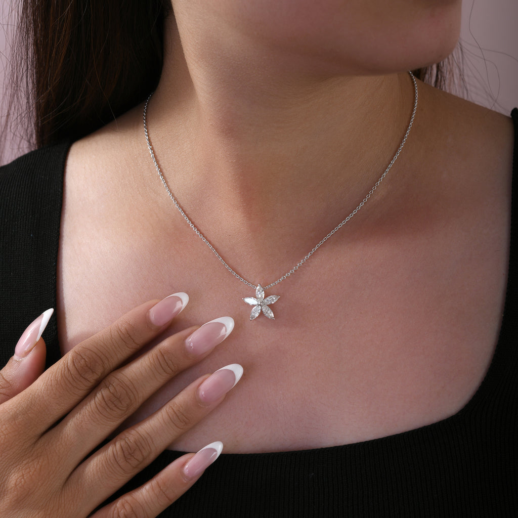 Dainty Fine Gold Natural Diamond Flower Pendant Necklace