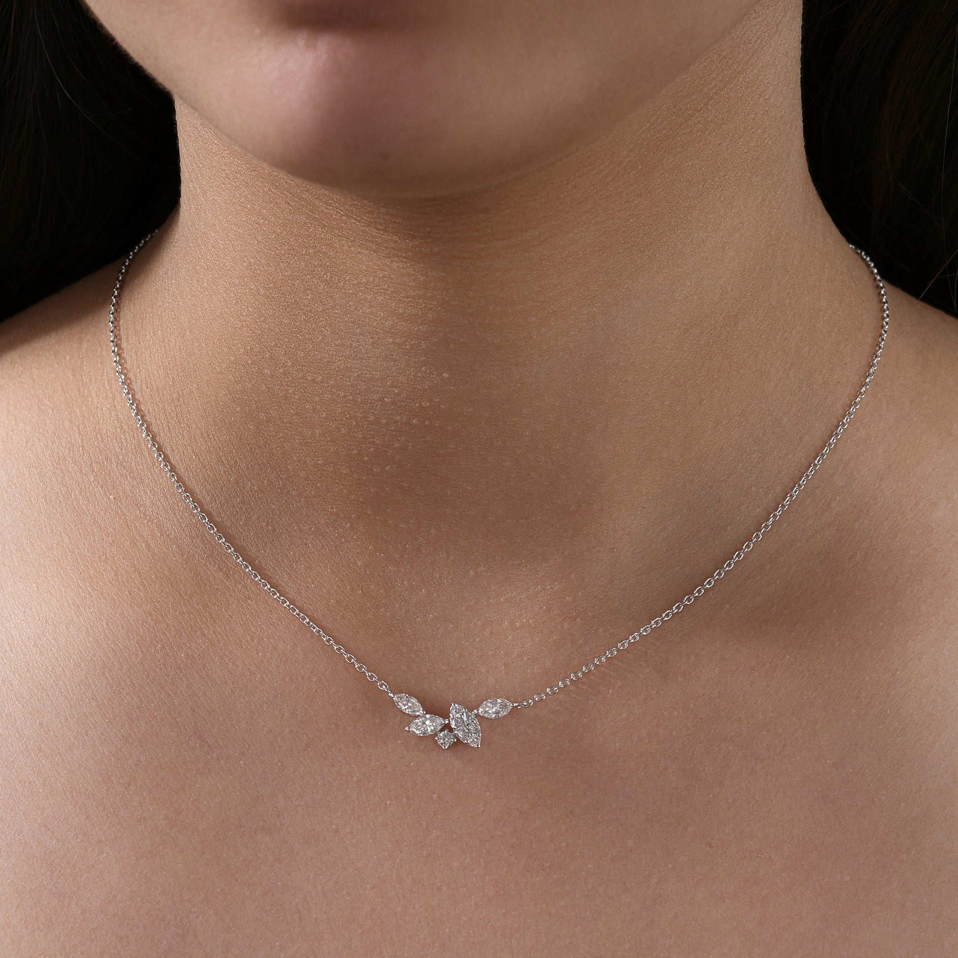 Handcrafted Fine Gold Leaf Marquise Diamond Cluster Pendant Necklace