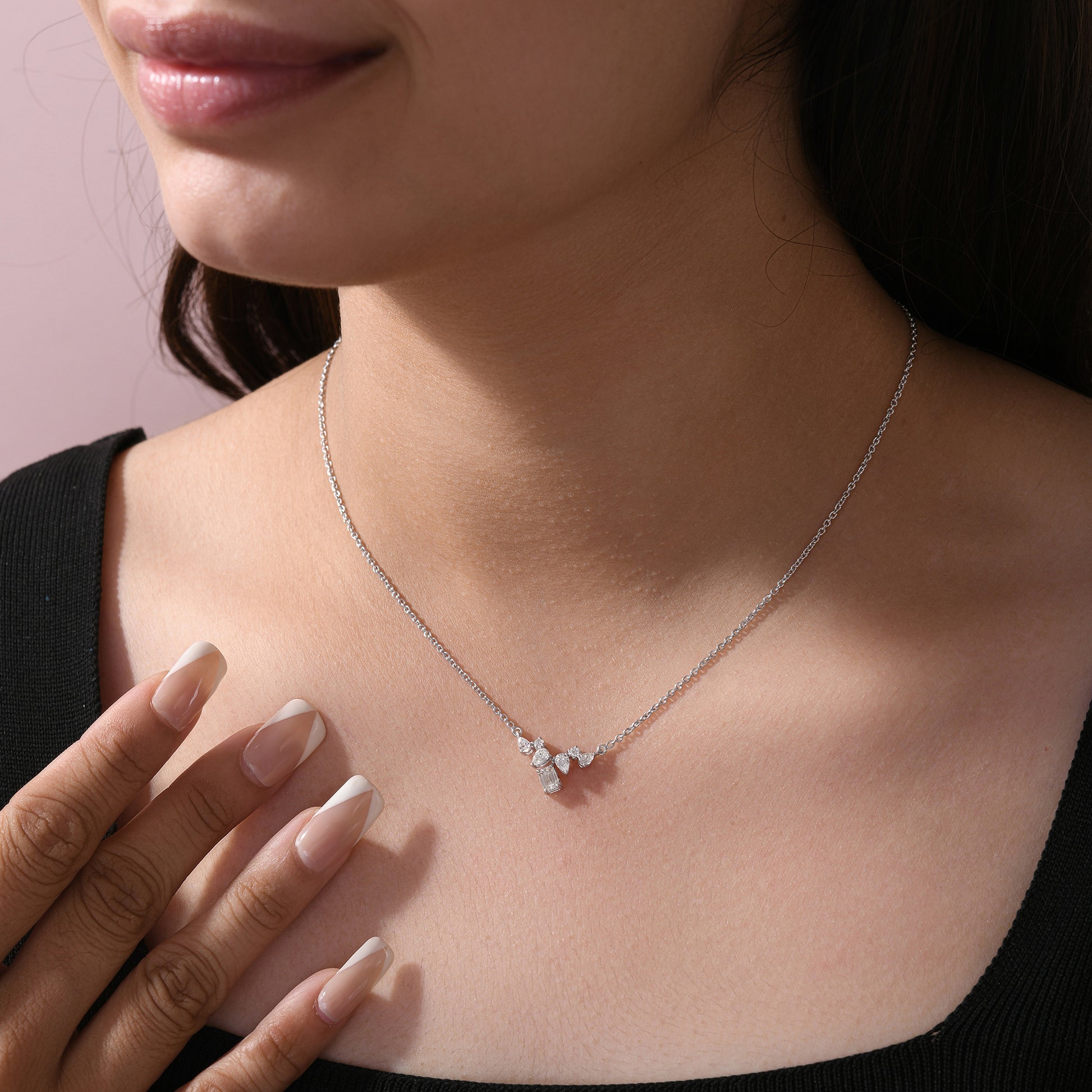 Delicate Solid Gold Multi Cut Natural Diamond Pendant Necklace