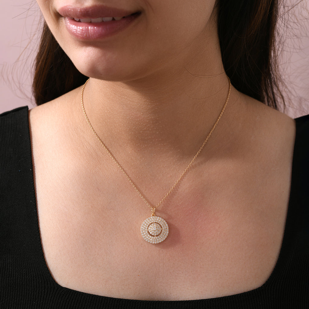 Classic Gold Round Pave Diamond Circle Pendant Necklace
