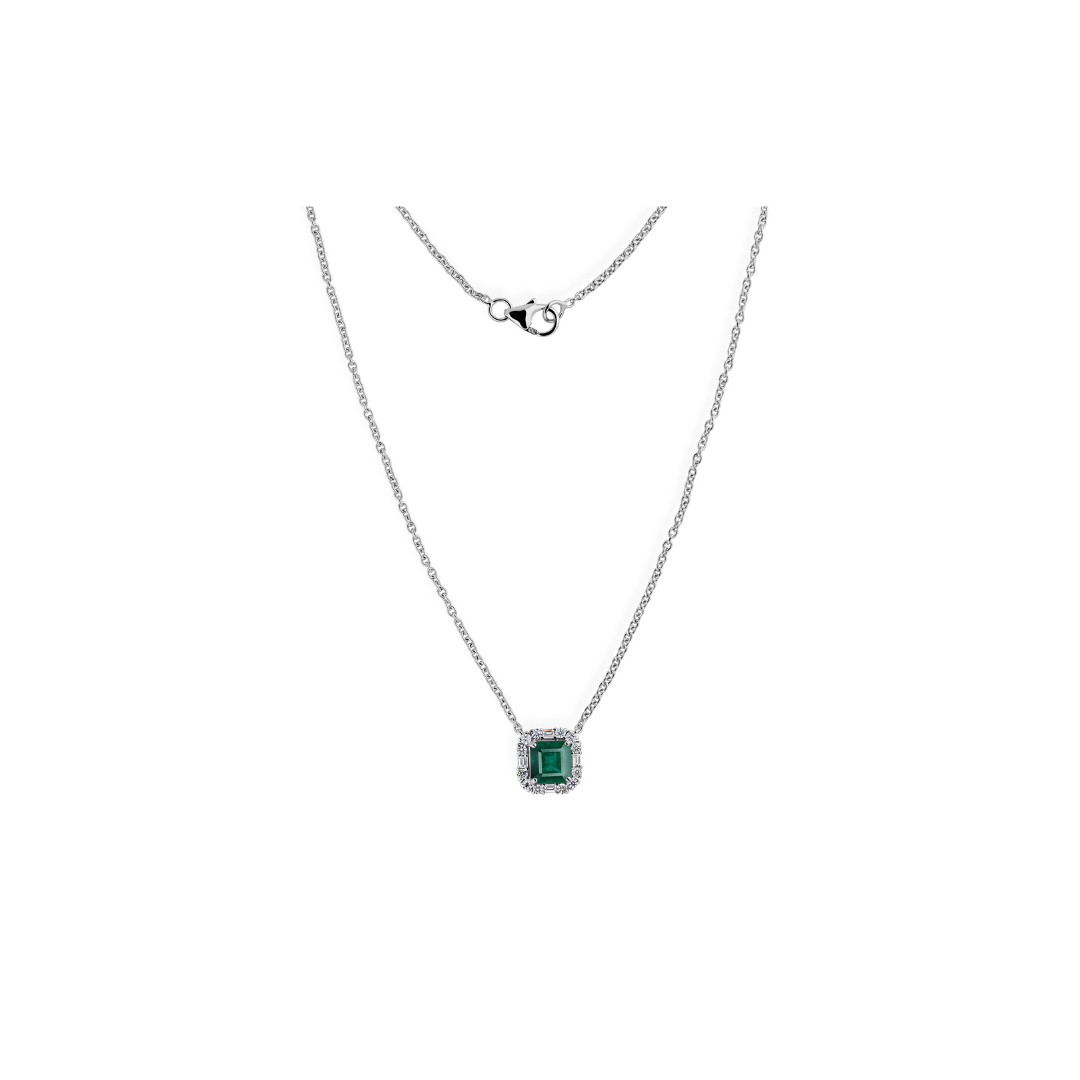 Classic Emerald Gemstone Natural Diamond Halo Pendant Necklace