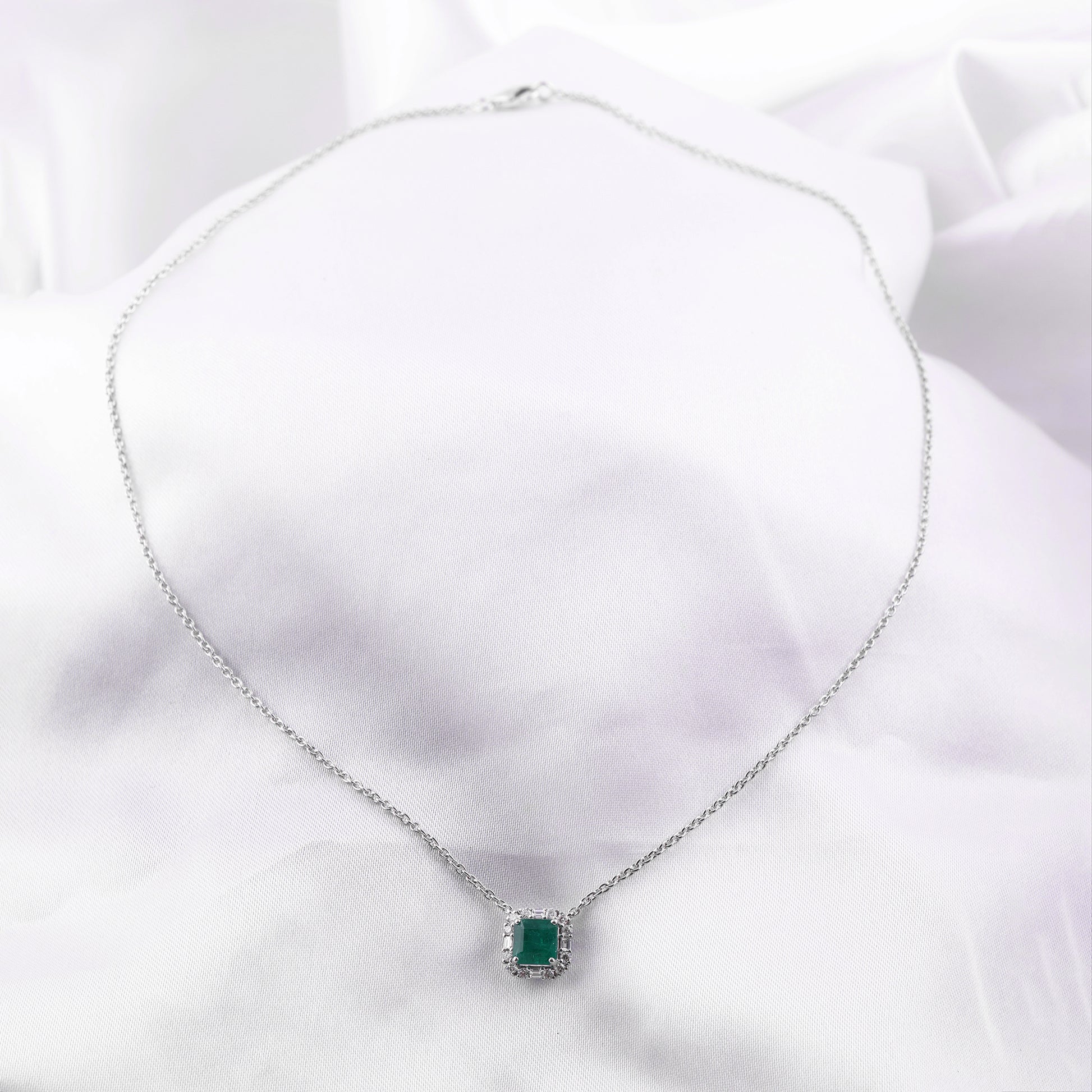 Classic Emerald Gemstone Natural Diamond Halo Pendant Necklace