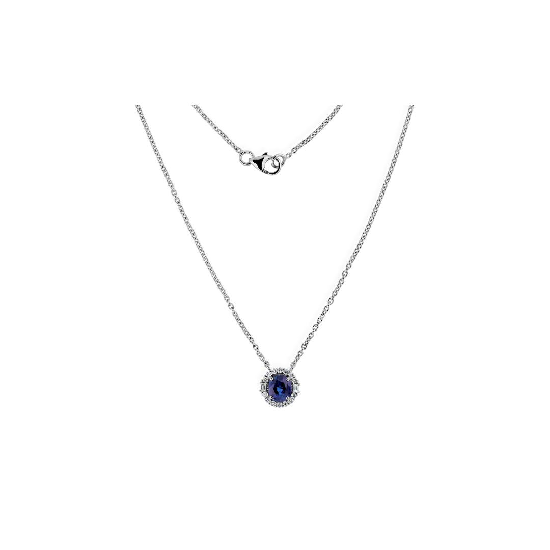 Natural Blue Sapphire Diamond Halo Chain Pendant Necklace
