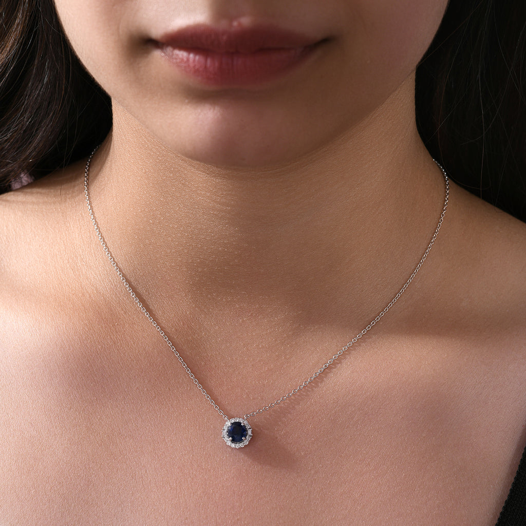 Natural Blue Sapphire Diamond Halo Chain Pendant Necklace