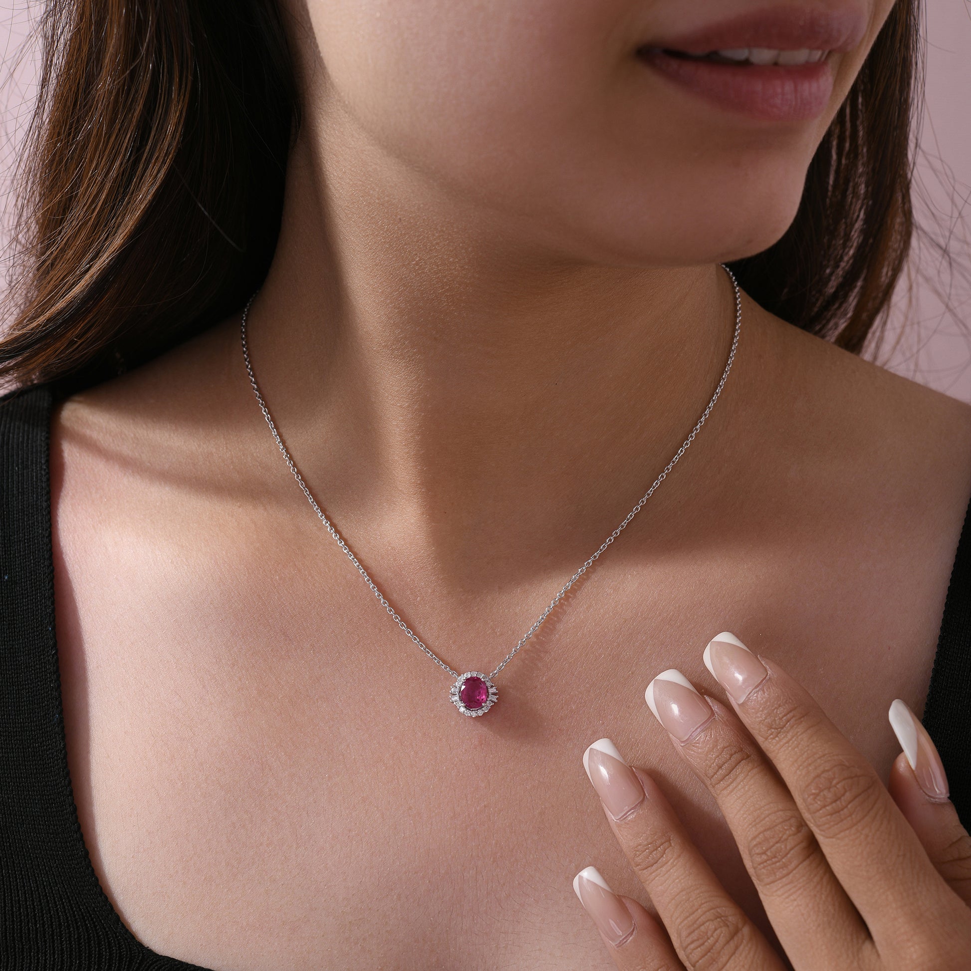 Genuine Ruby and Diamond Halo Pendant Necklace in Fine Gold