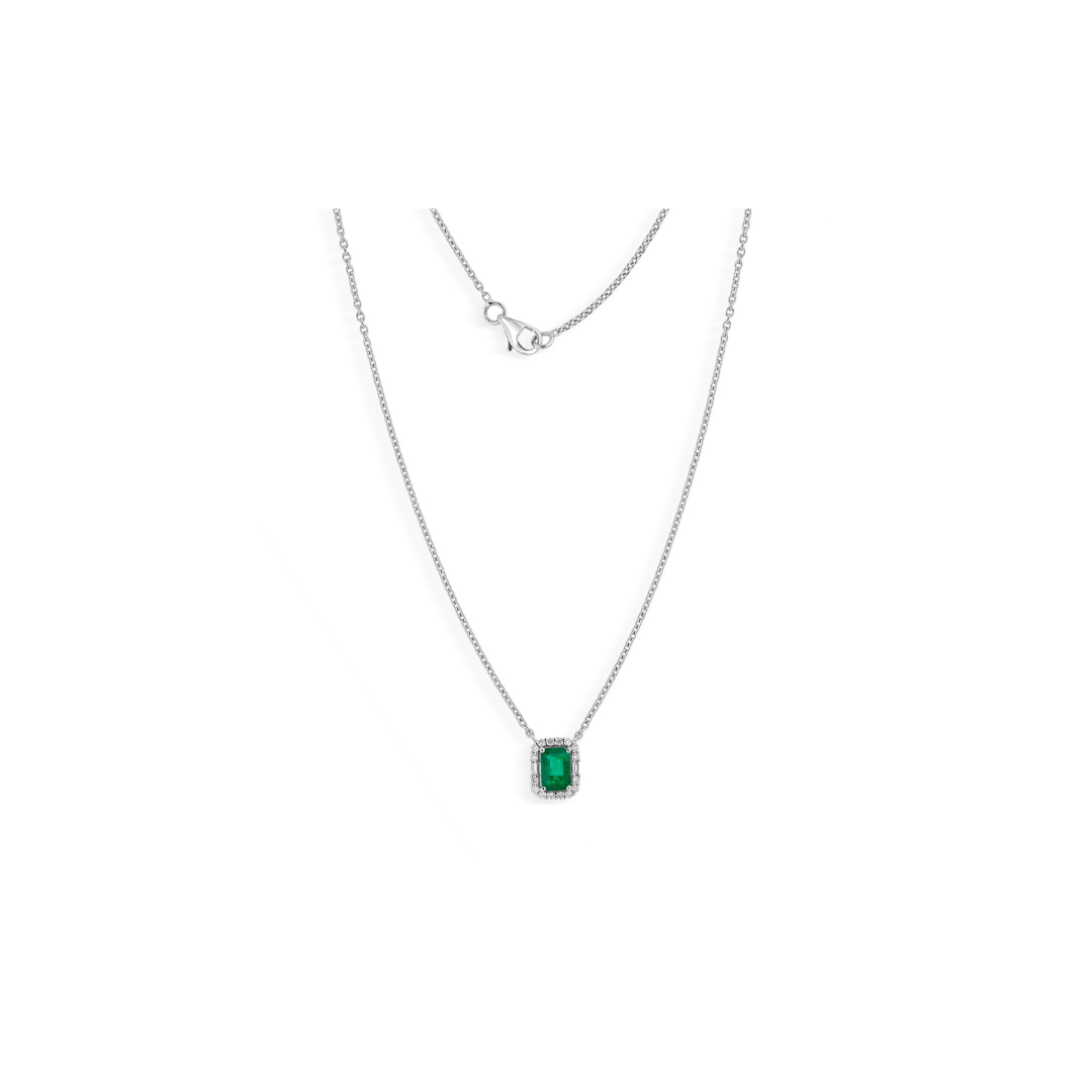 Diamond Halo Zambian Emerald Pendant Necklace with Fine Gold Chain
