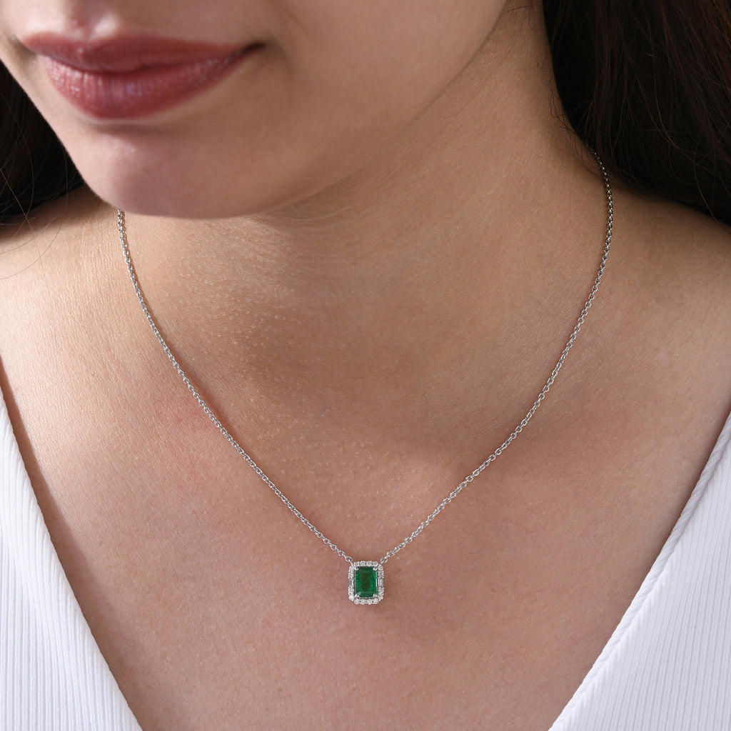 Diamond Halo Zambian Emerald Pendant Necklace with Fine Gold Chain