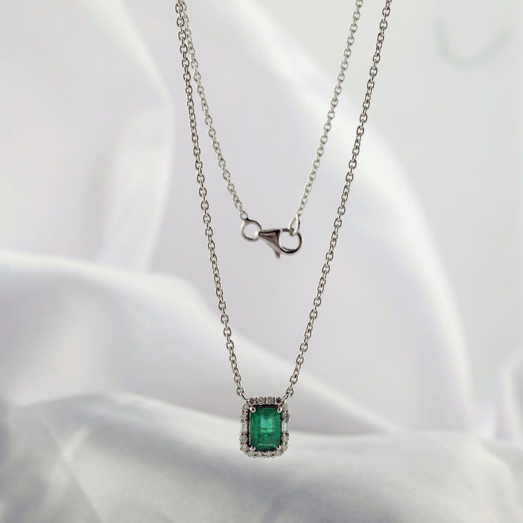 Diamond Halo Zambian Emerald Pendant Necklace with Fine Gold Chain
