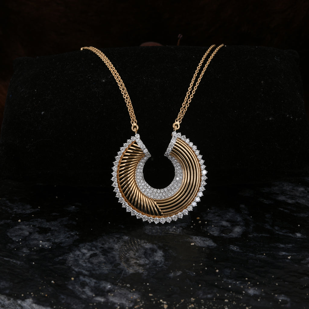 2.31 Ct. SI/H Pave Round Diamond Semi-Circular Pendant Double Chain Necklace