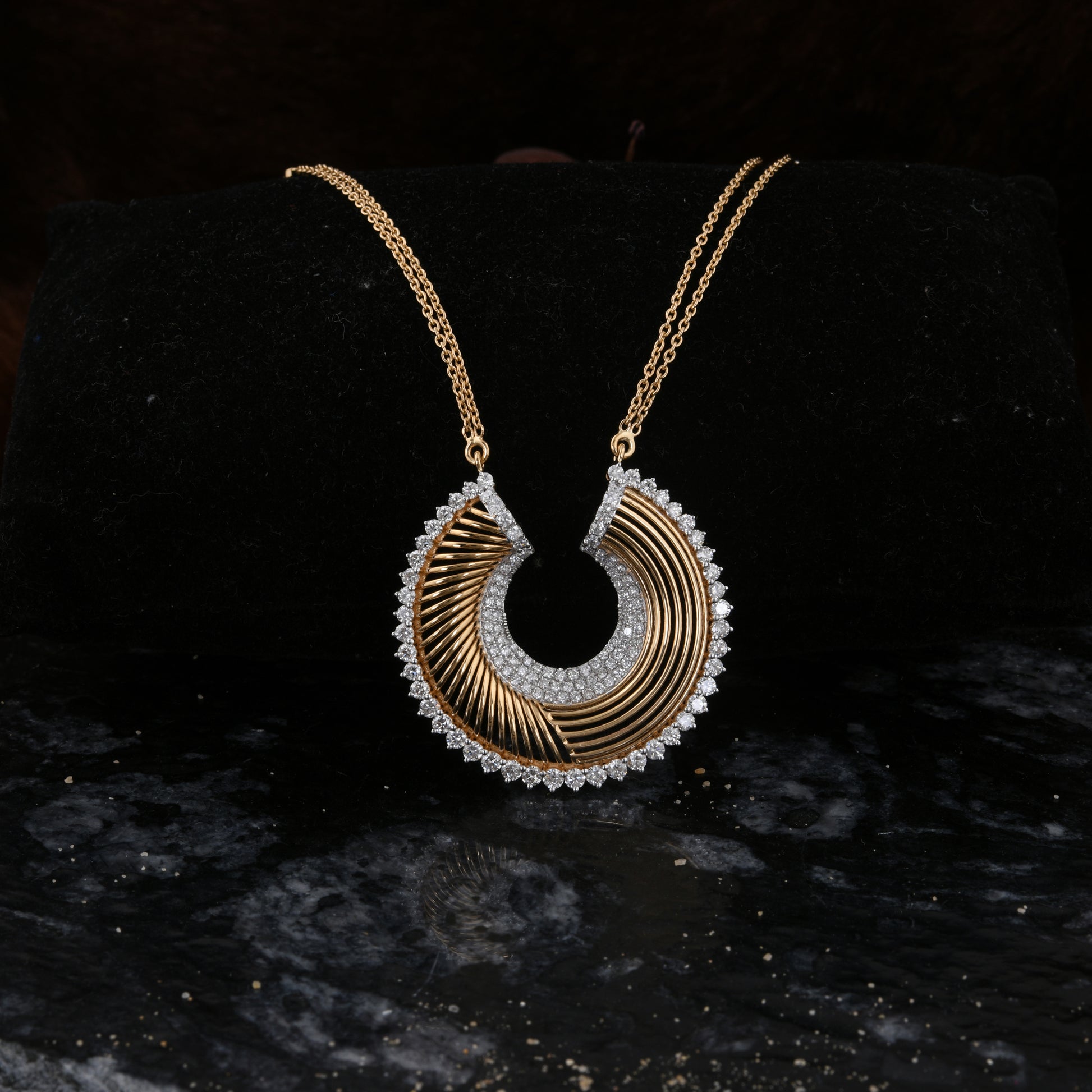 2.31 Ct. SI/H Pave Round Diamond Semi-Circular Pendant Double Chain Necklace