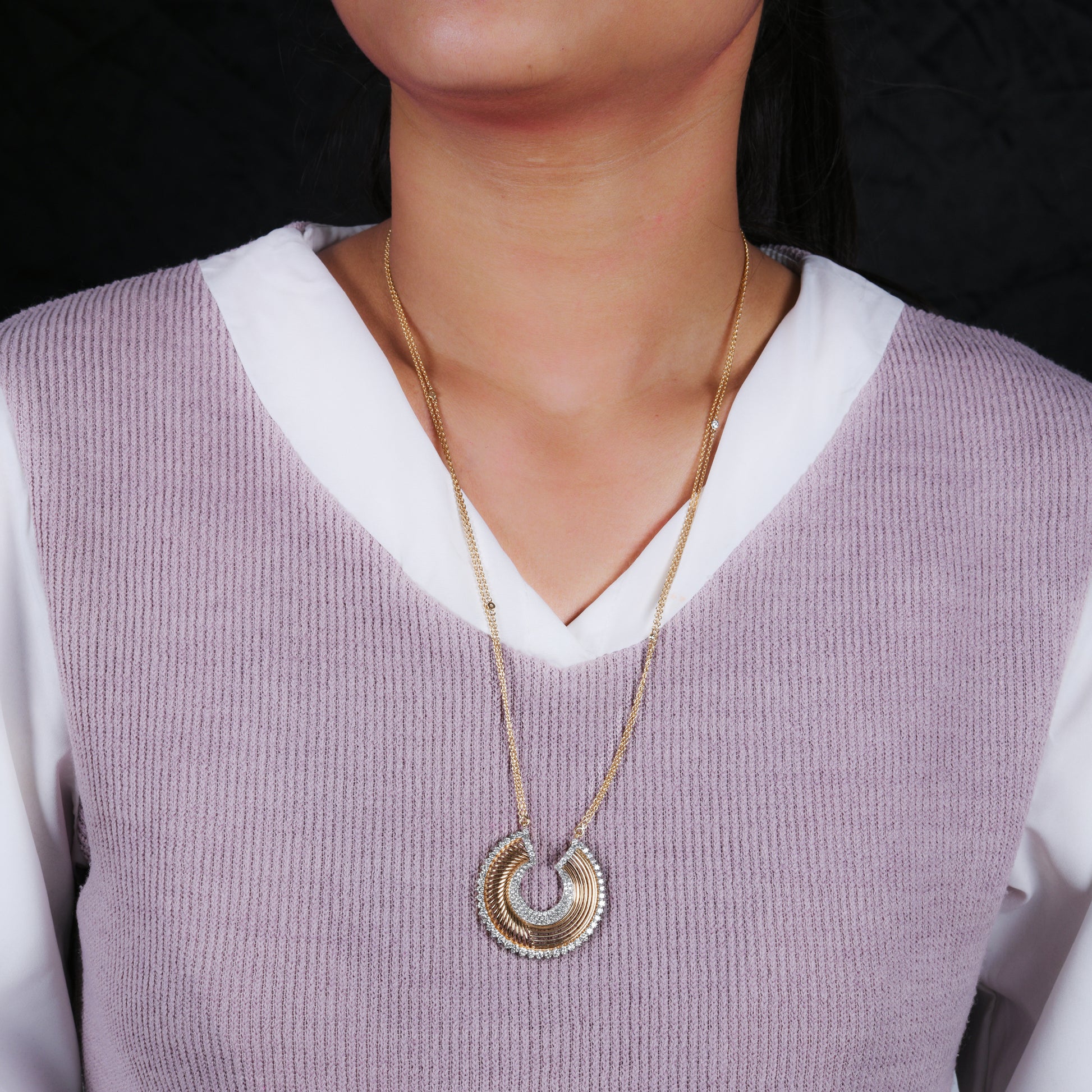 2.31 Ct. SI/H Pave Round Diamond Semi-Circular Pendant Double Chain Necklace