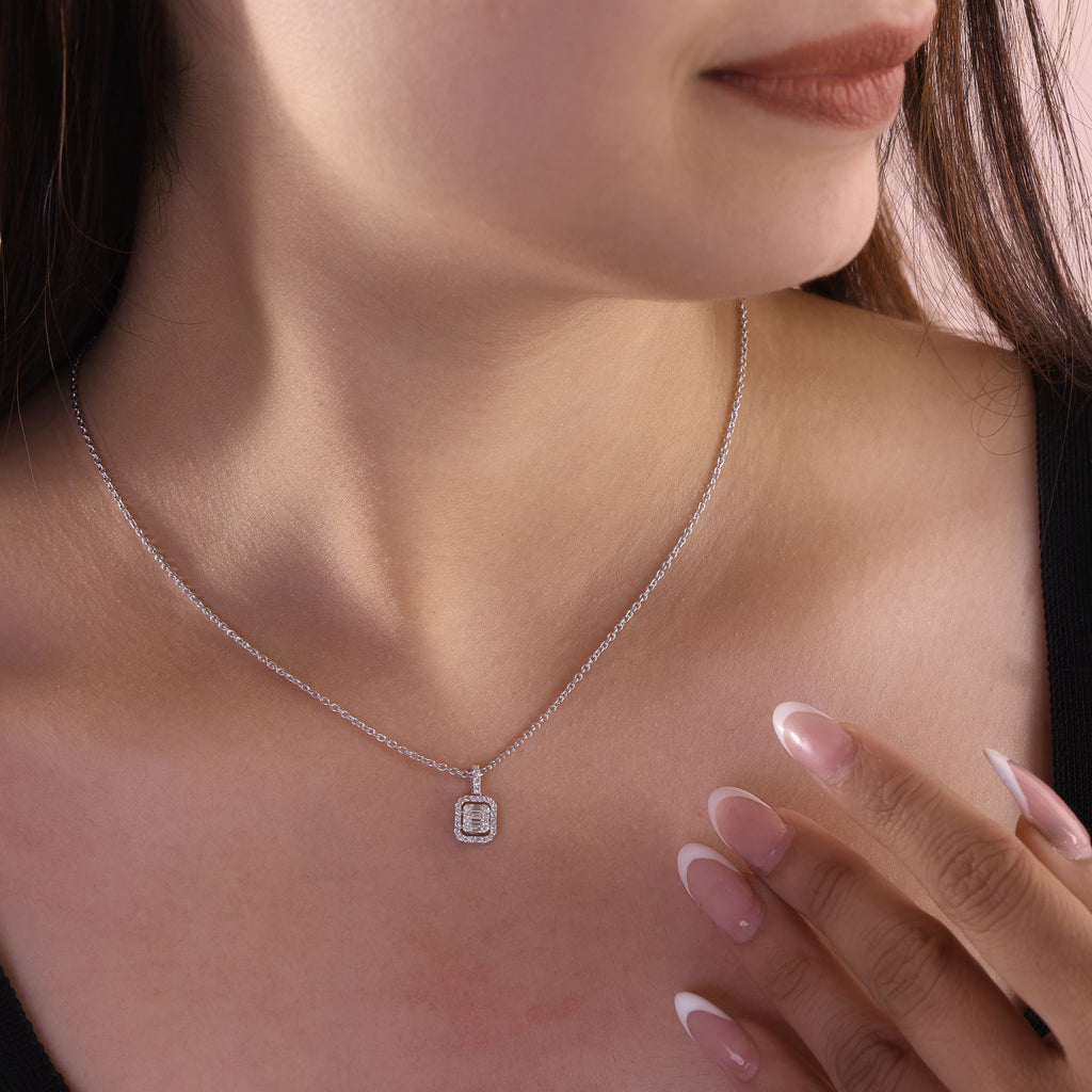 Delicate Baguette Cut Natural Diamond Halo Pendant Necklace