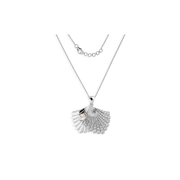 Statement Pearl Seashell Shaped Pendant Necklace with Pave Diamonds Accent