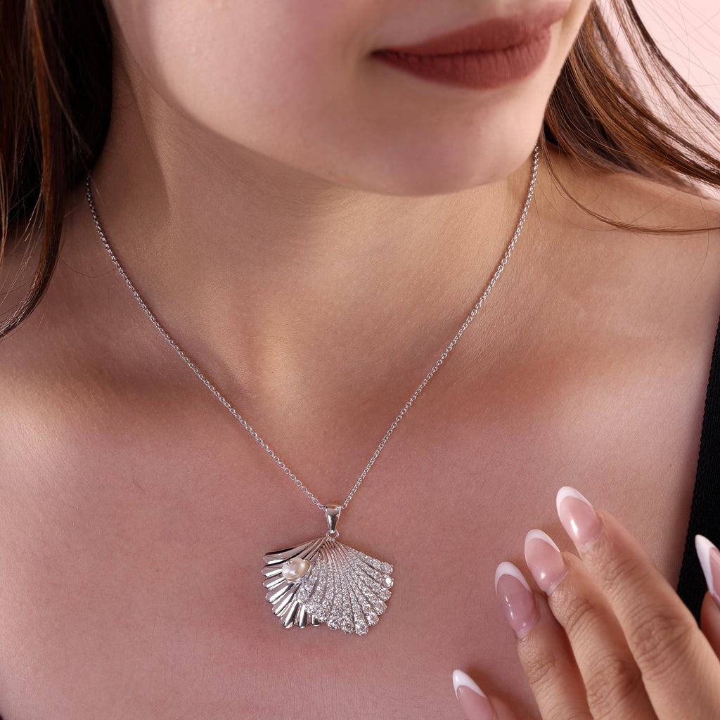 Statement Pearl Seashell Shaped Pendant Necklace with Pave Diamonds Accent
