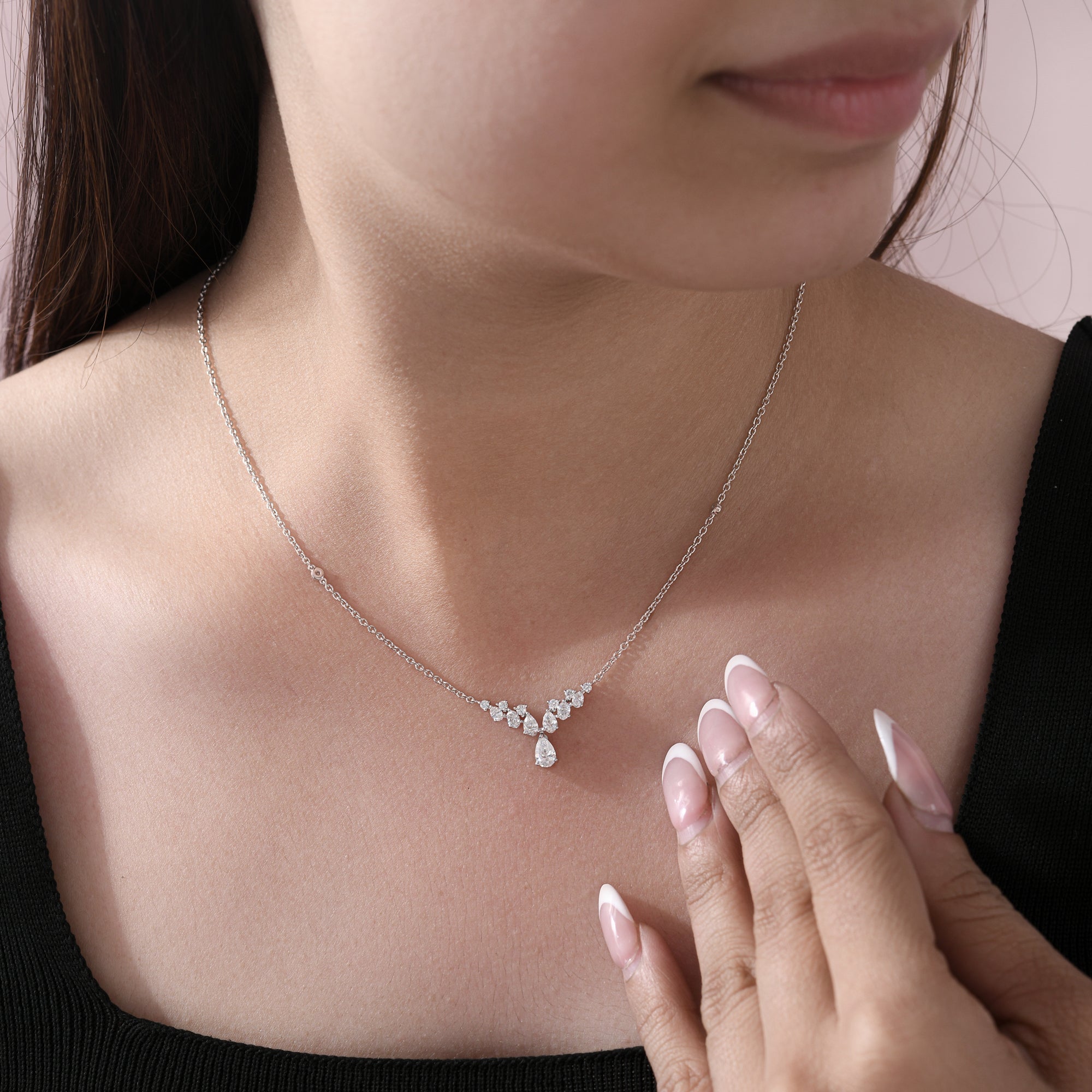 Diamond Cluster Pendant Necklace Multi Cut 14K Gold Women