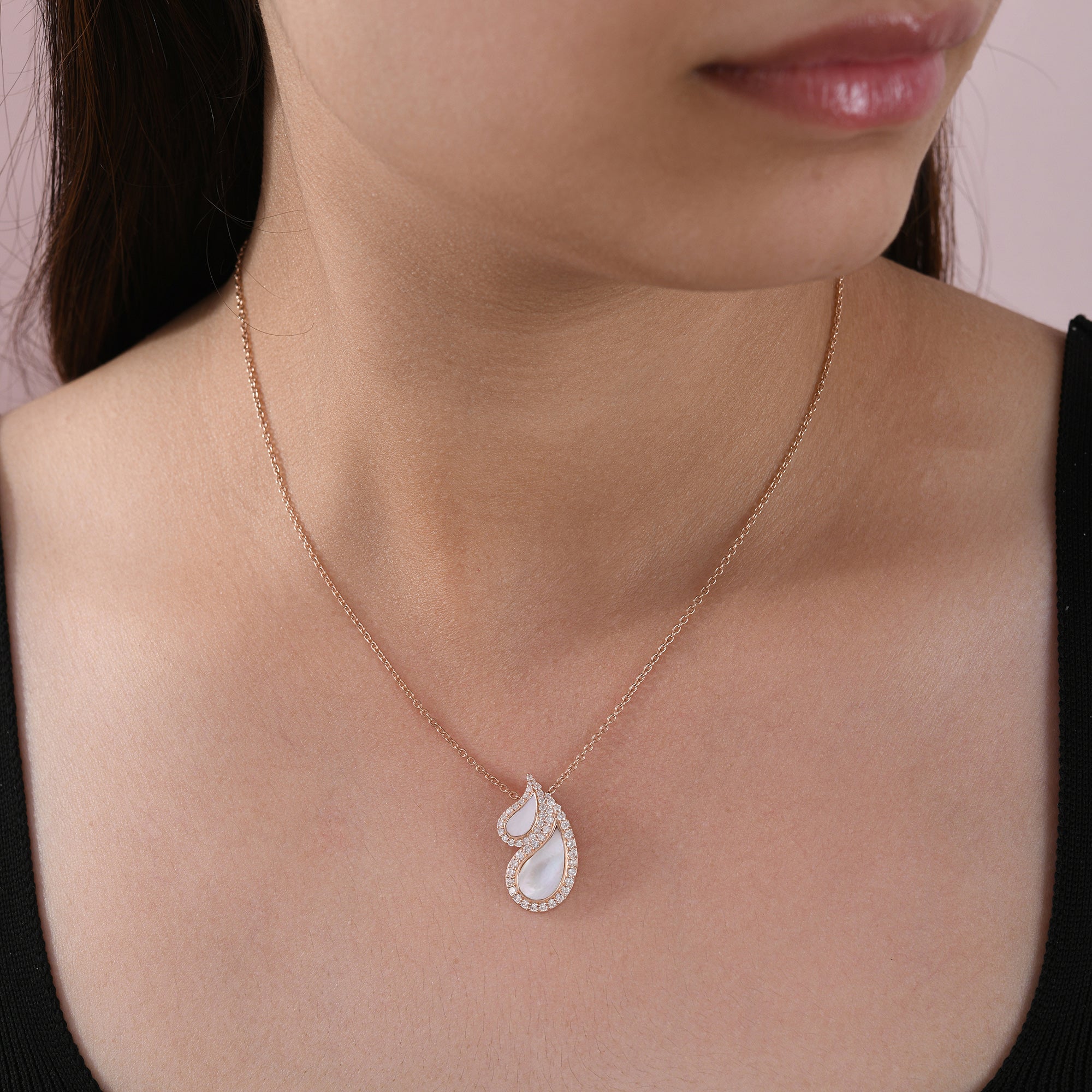Delicate Mother of Pearl Teardrop Diamond Pendant Necklace