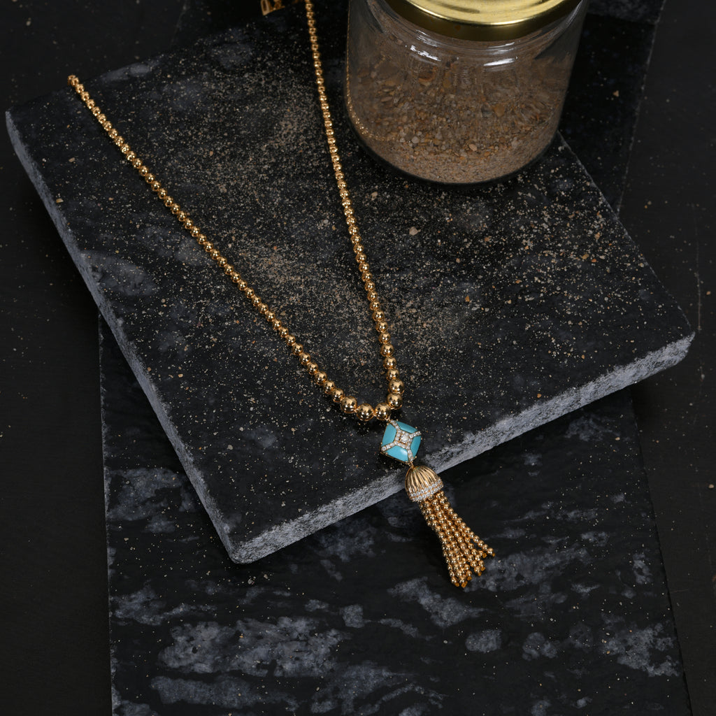 1.04 Tcw. Blue Turquoise H/SI Diamond Tassel Beaded Dangle Necklace