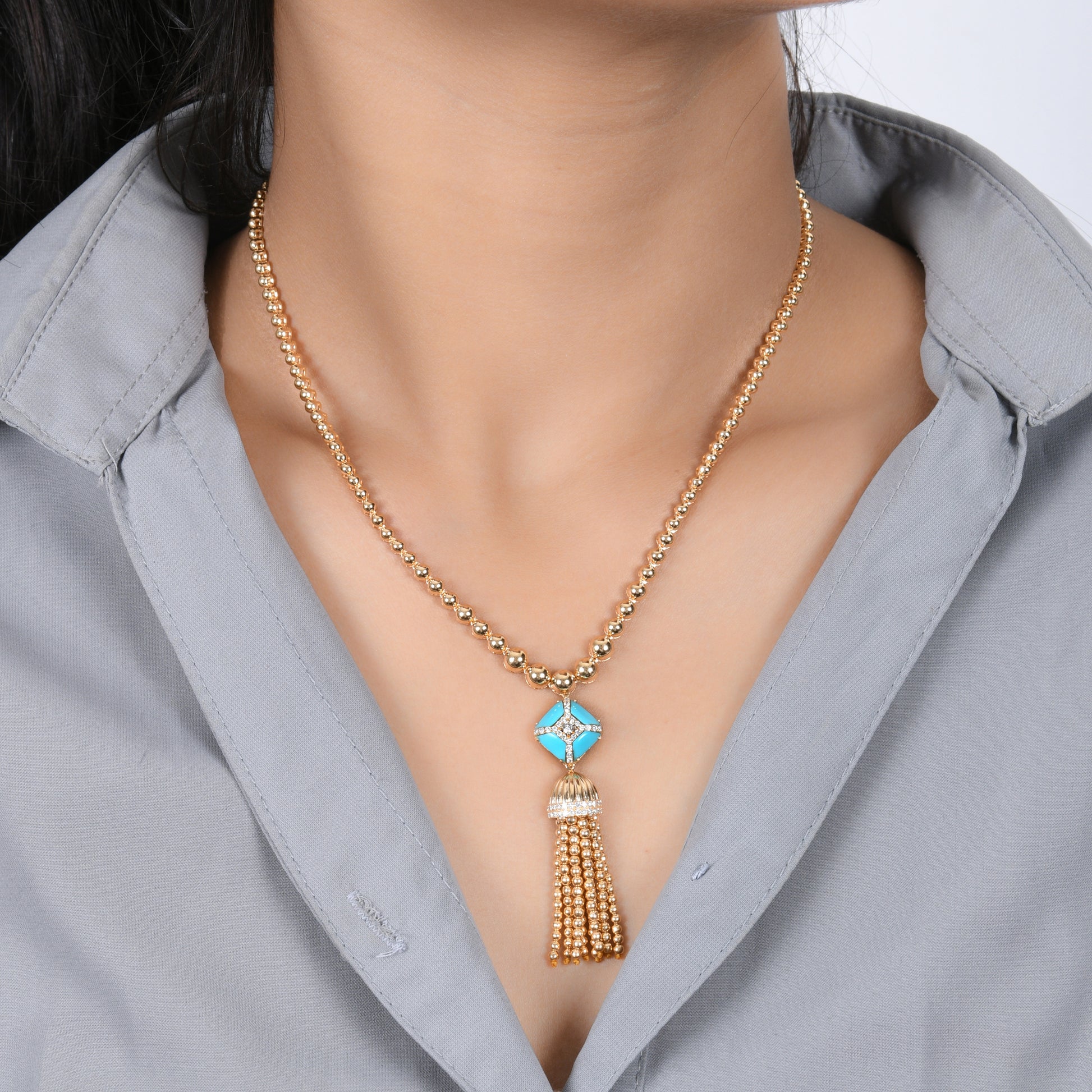 1.04 Tcw. Blue Turquoise H/SI Diamond Tassel Beaded Dangle Necklace