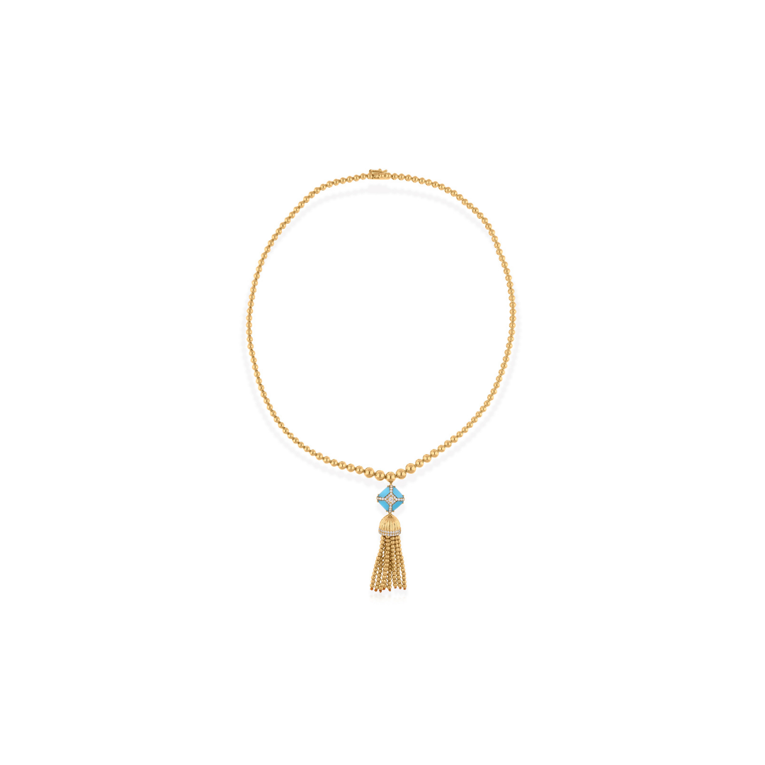 1.04 Tcw. Blue Turquoise H/SI Diamond Tassel Beaded Dangle Necklace