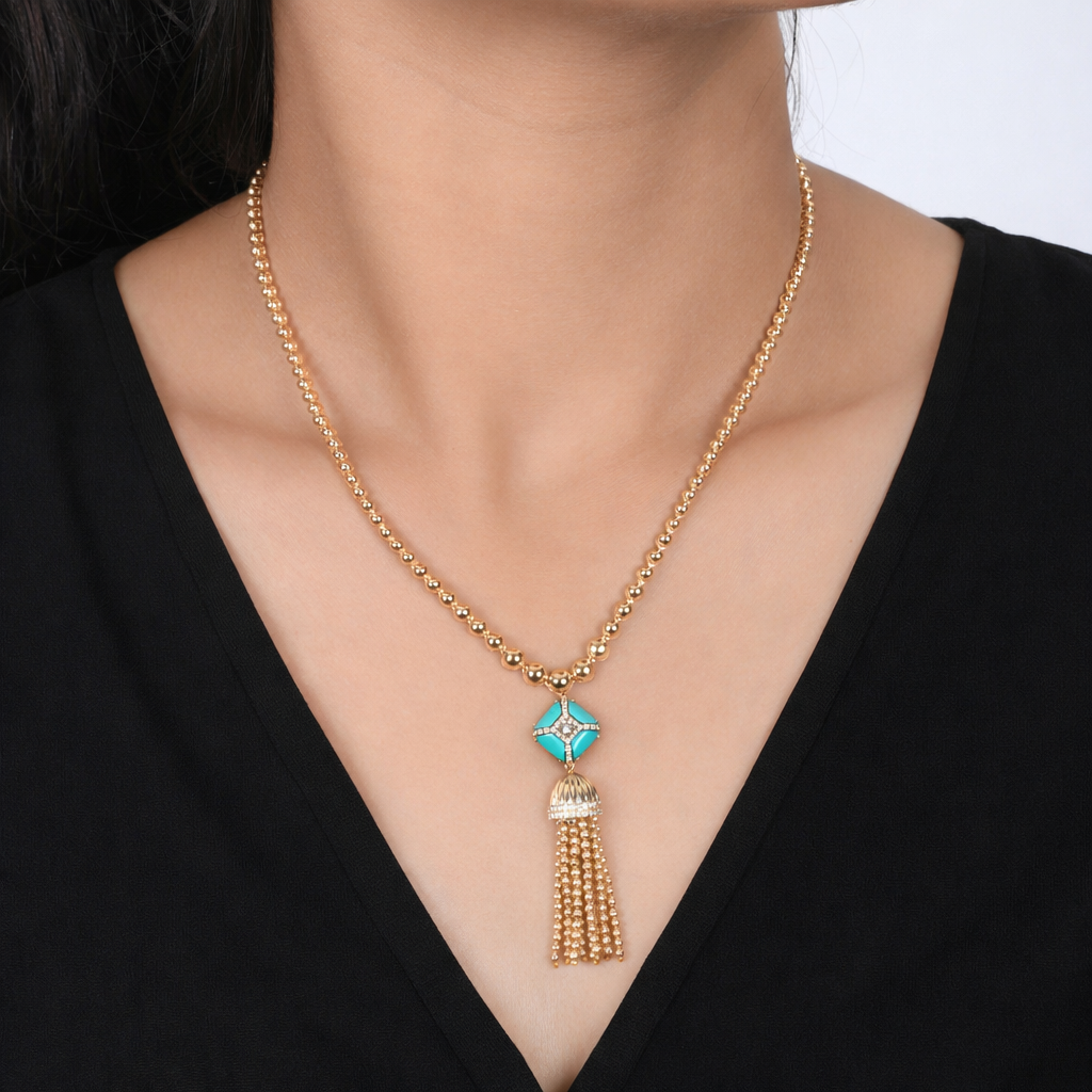 Blue Turquoise Diamond Tassel Beaded Necklace