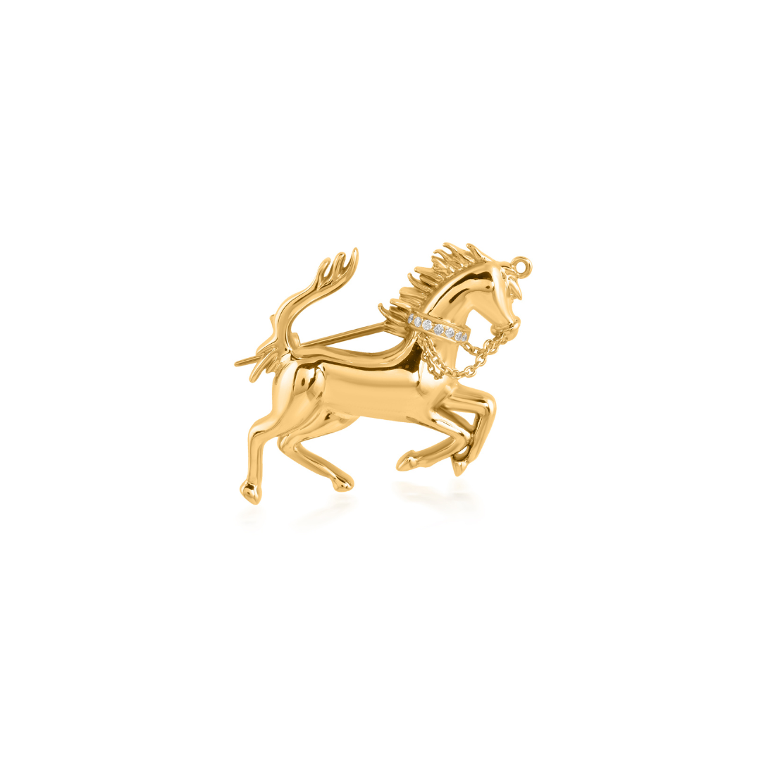 Horse Pin Brooch Pendant Natural H/SI Diamond Solid Gold Jewelry