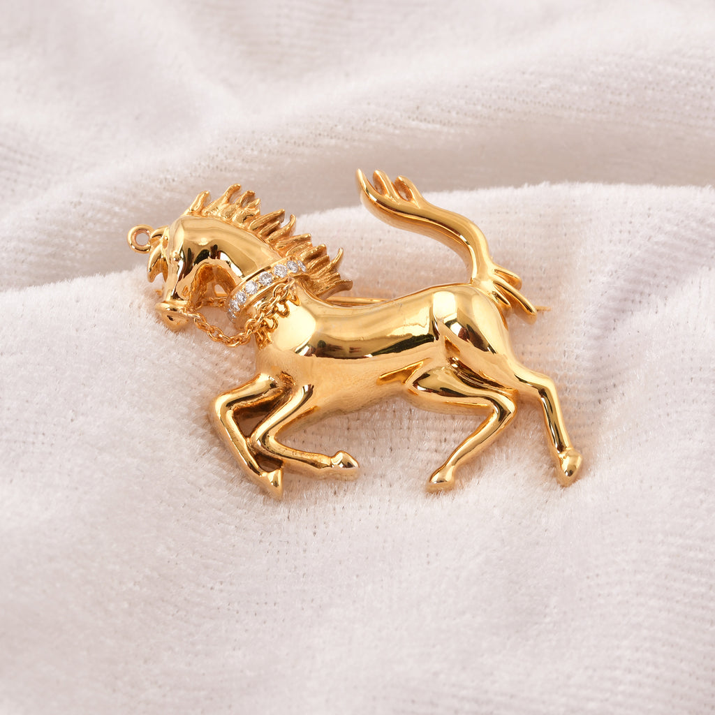 Horse Pin Brooch Pendant Natural H/SI Diamond Solid Gold Jewelry