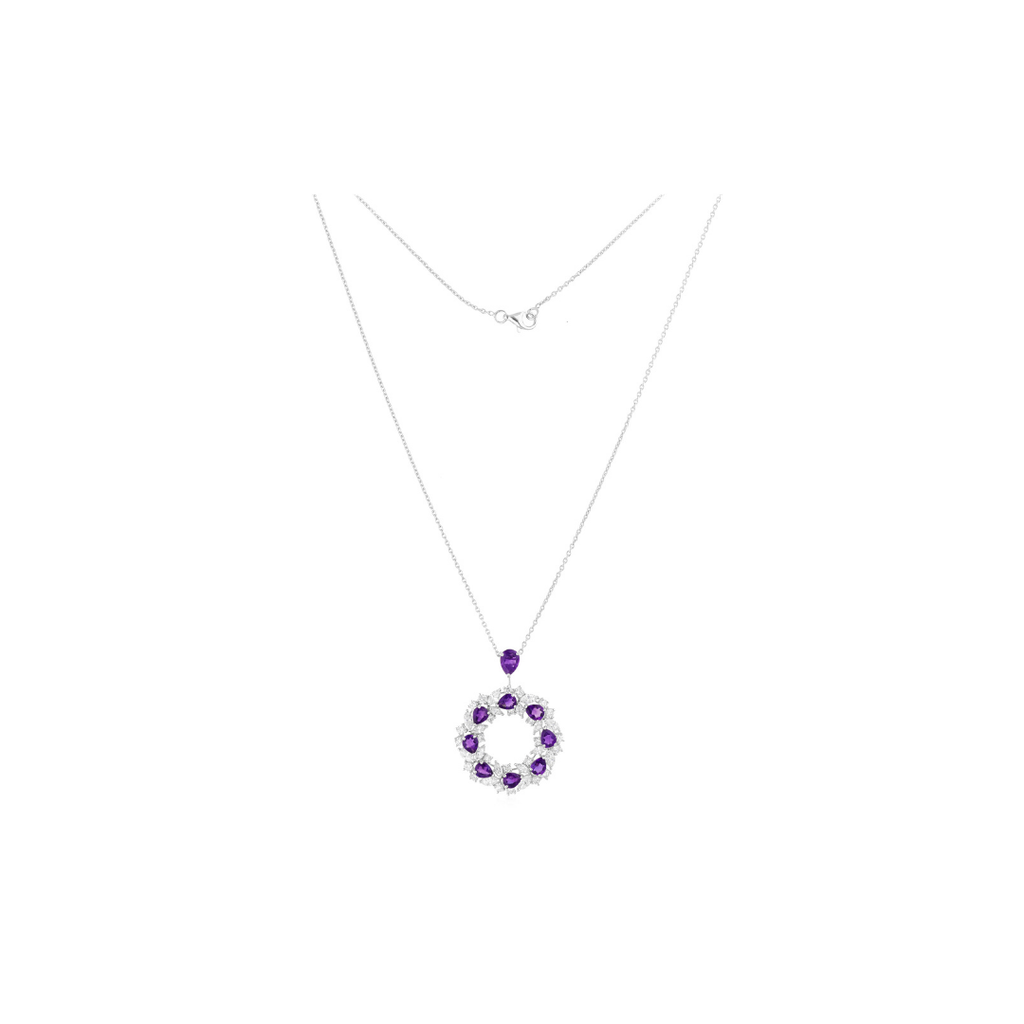 5.65 Tcw Amethyst Diamond Cluster Round Pendant Necklace