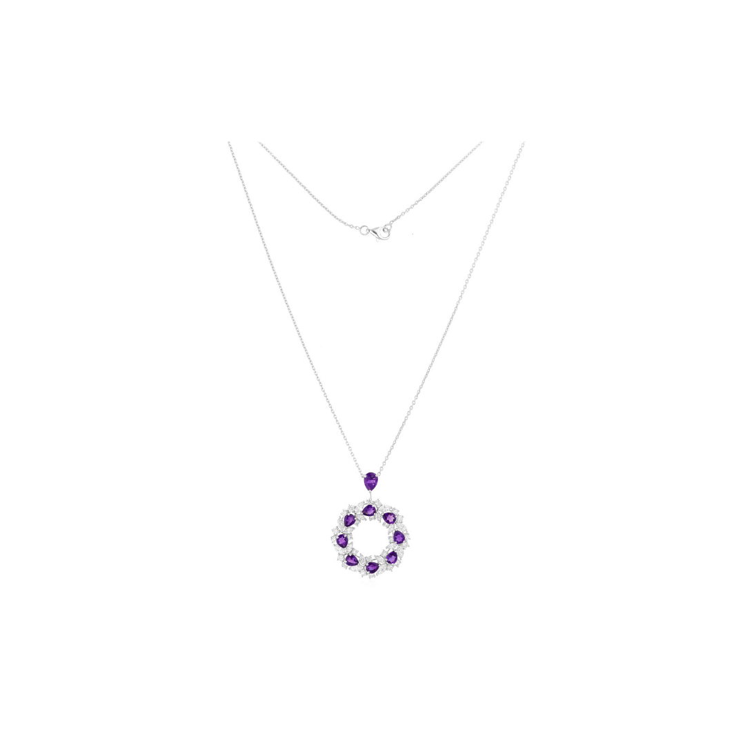 5.65 Tcw Amethyst Diamond Cluster Round Pendant Necklace