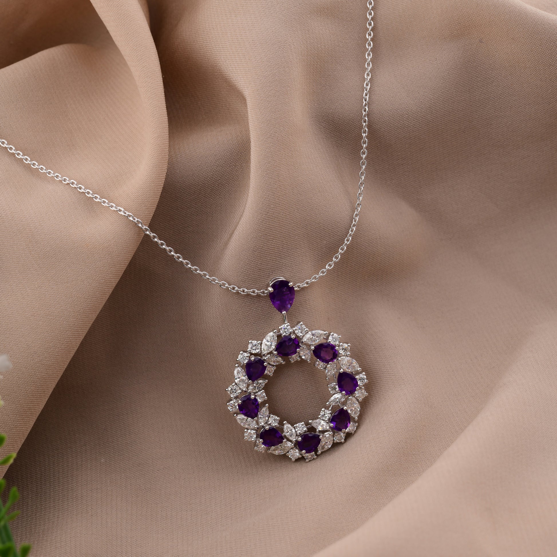 5.65 Tcw Amethyst Diamond Cluster Round Pendant Necklace