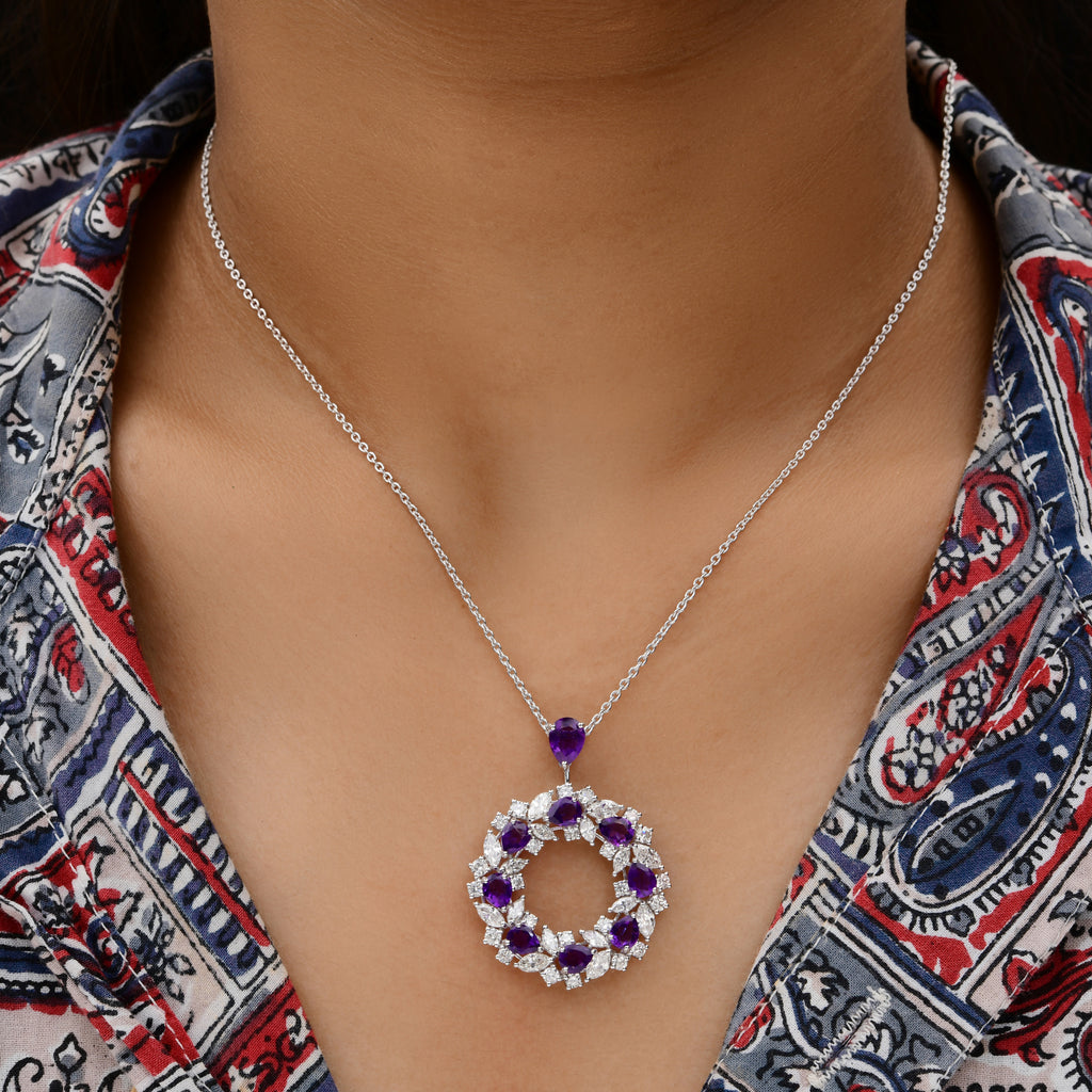 5.65 Tcw Amethyst Diamond Cluster Round Pendant Necklace