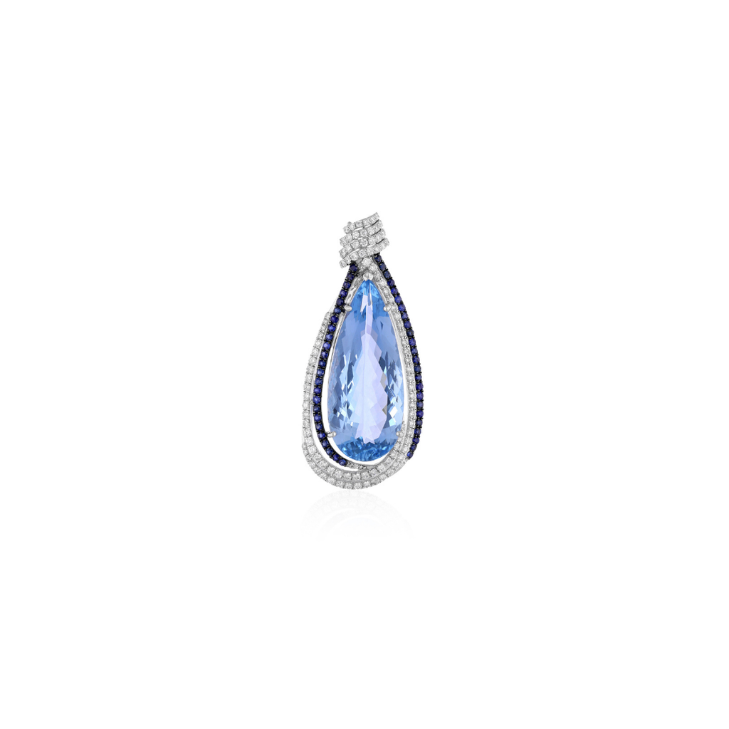 14.54Tcw Teardrop Aquamarine and Round Sapphire Diamond Pendant Necklace