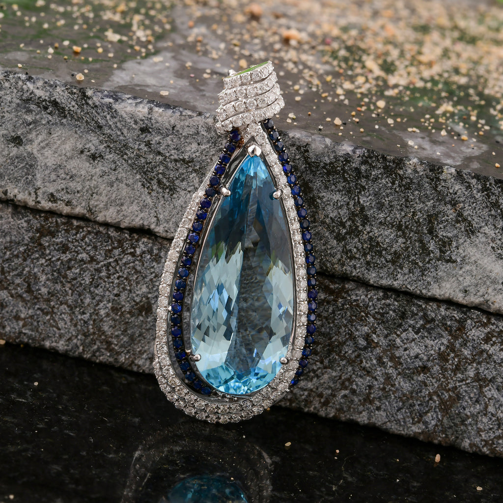 14.54Tcw Teardrop Aquamarine and Round Sapphire Diamond Pendant Necklace