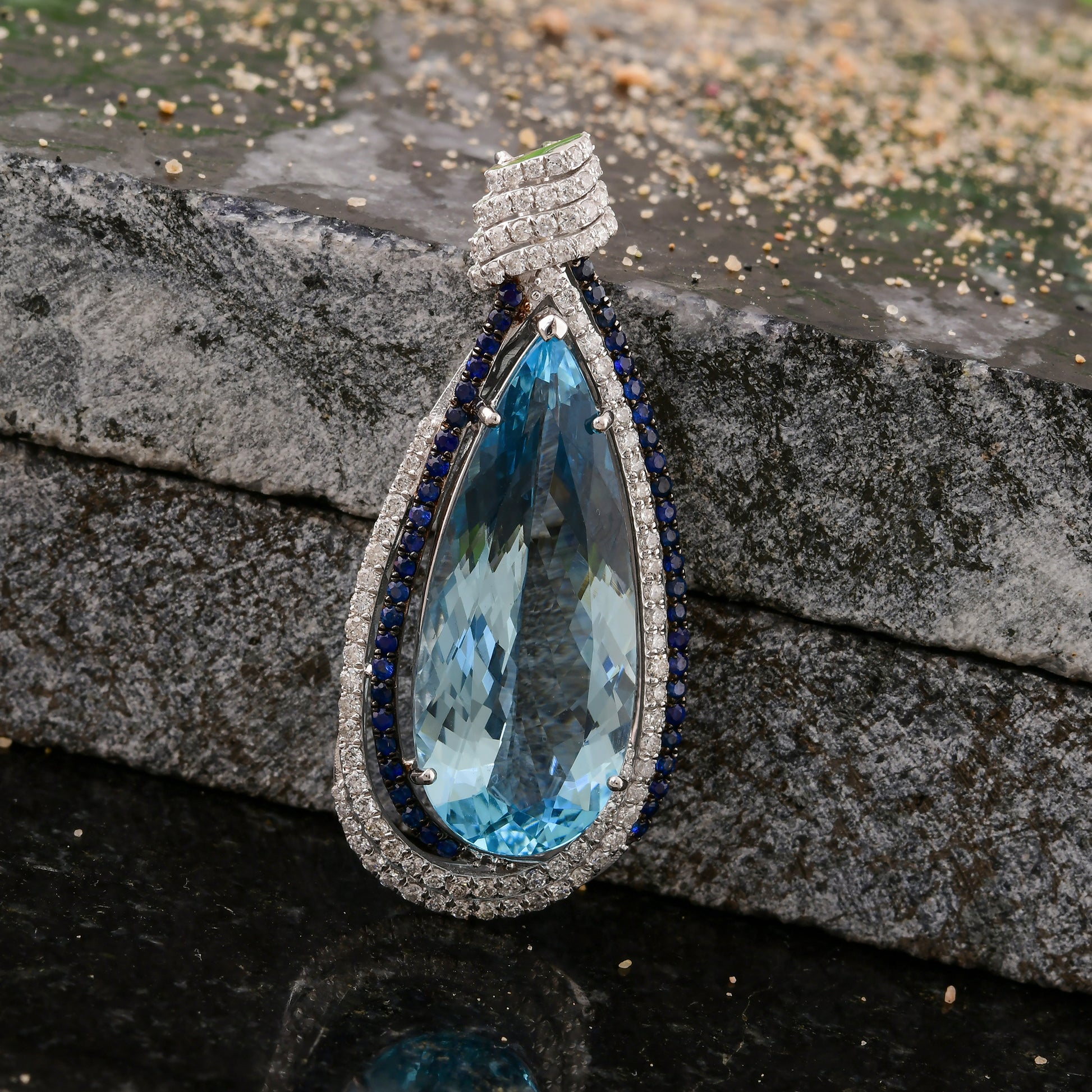14.54Tcw Teardrop Aquamarine and Round Sapphire Diamond Pendant Necklace