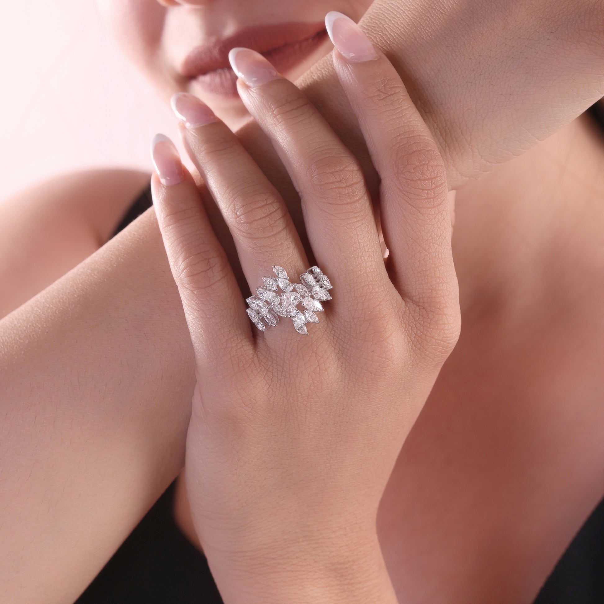 Exquisite Natural Diamond Floral Cocktail Ring in Fine Gold