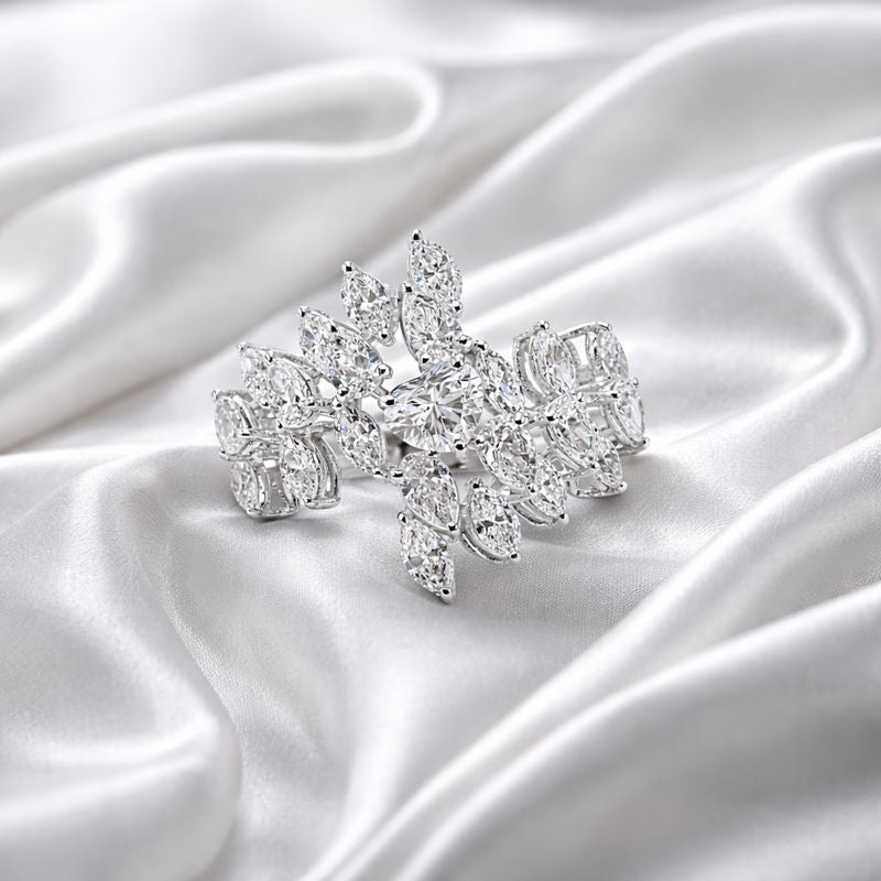 Exquisite Natural Diamond Floral Cocktail Ring in Fine Gold