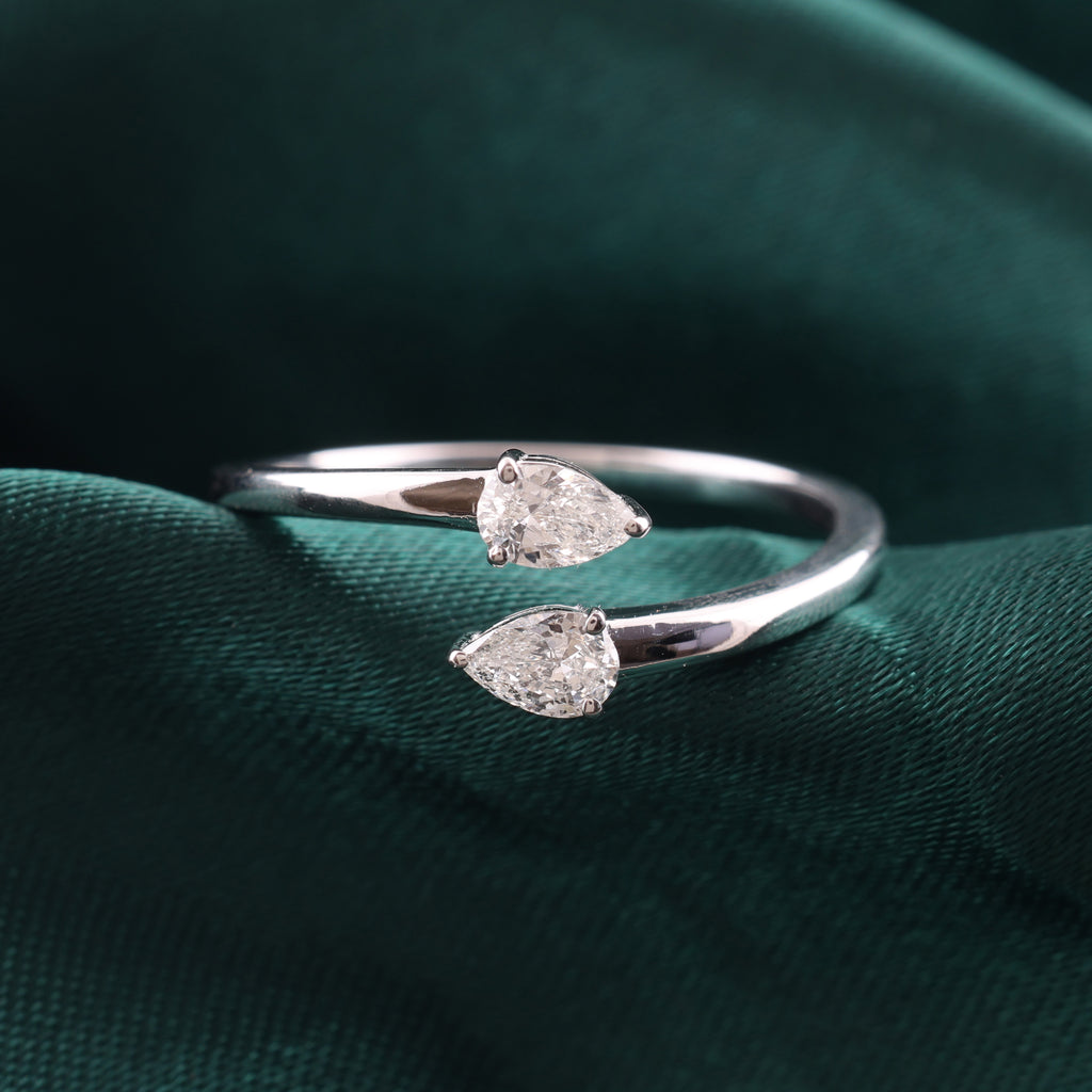 Open Style Pear Shaped Natural Diamond Fine Gold Bypass Ring
