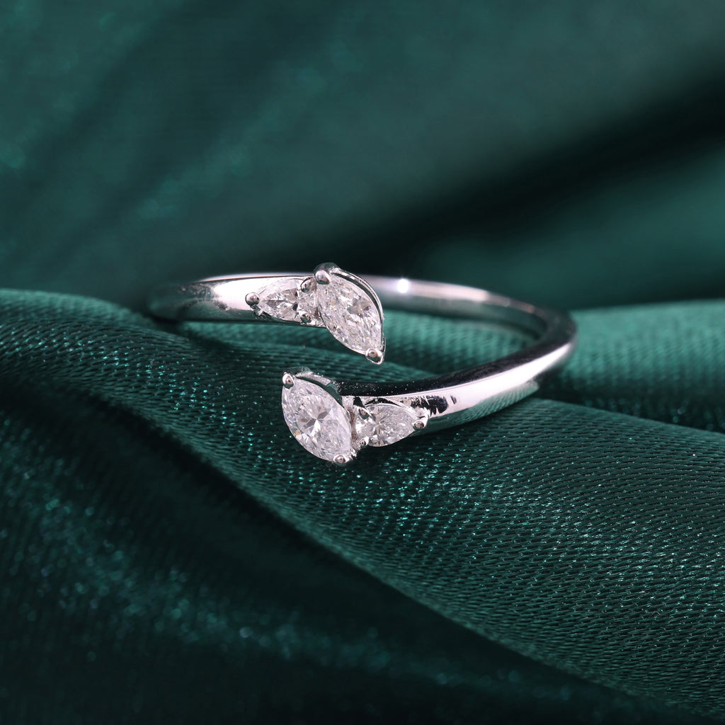 Minimalist Marquise Pear Shaped Natural Diamond Open Cuff Ring