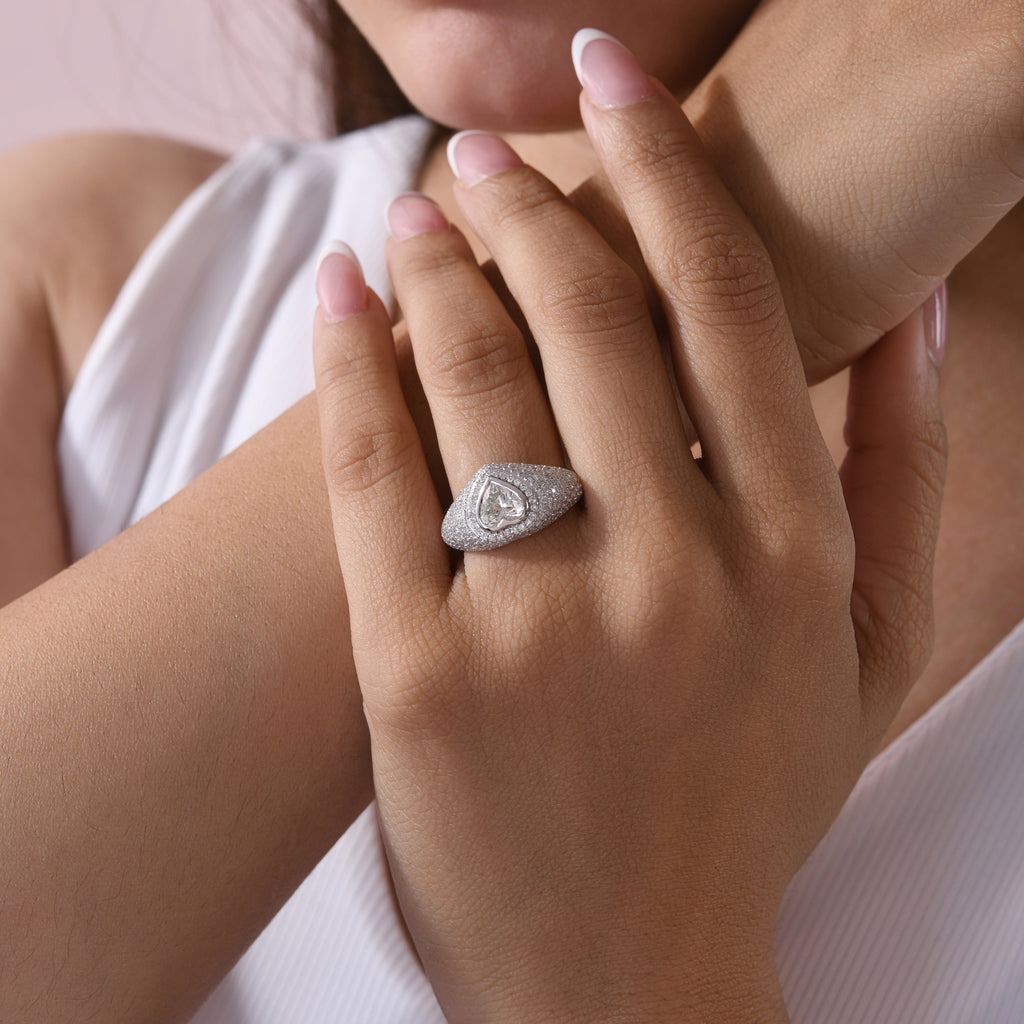 Heart Shaped Pave Diamond Statement Wide Band Ring in Fine Gold