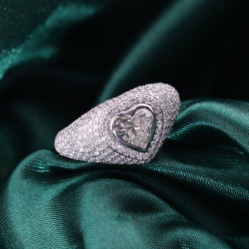 Heart Shaped Pave Diamond Statement Wide Band Ring in Fine Gold