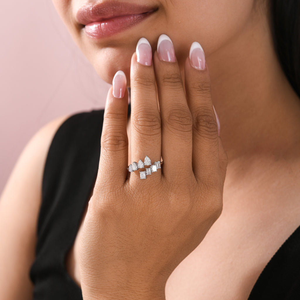 Classic Mixed Cut Natural Diamond Open Bypass Ring