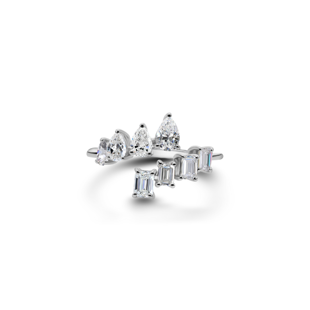 Pear Emerald Diamond Bypass Ring 14K Gold Open Design