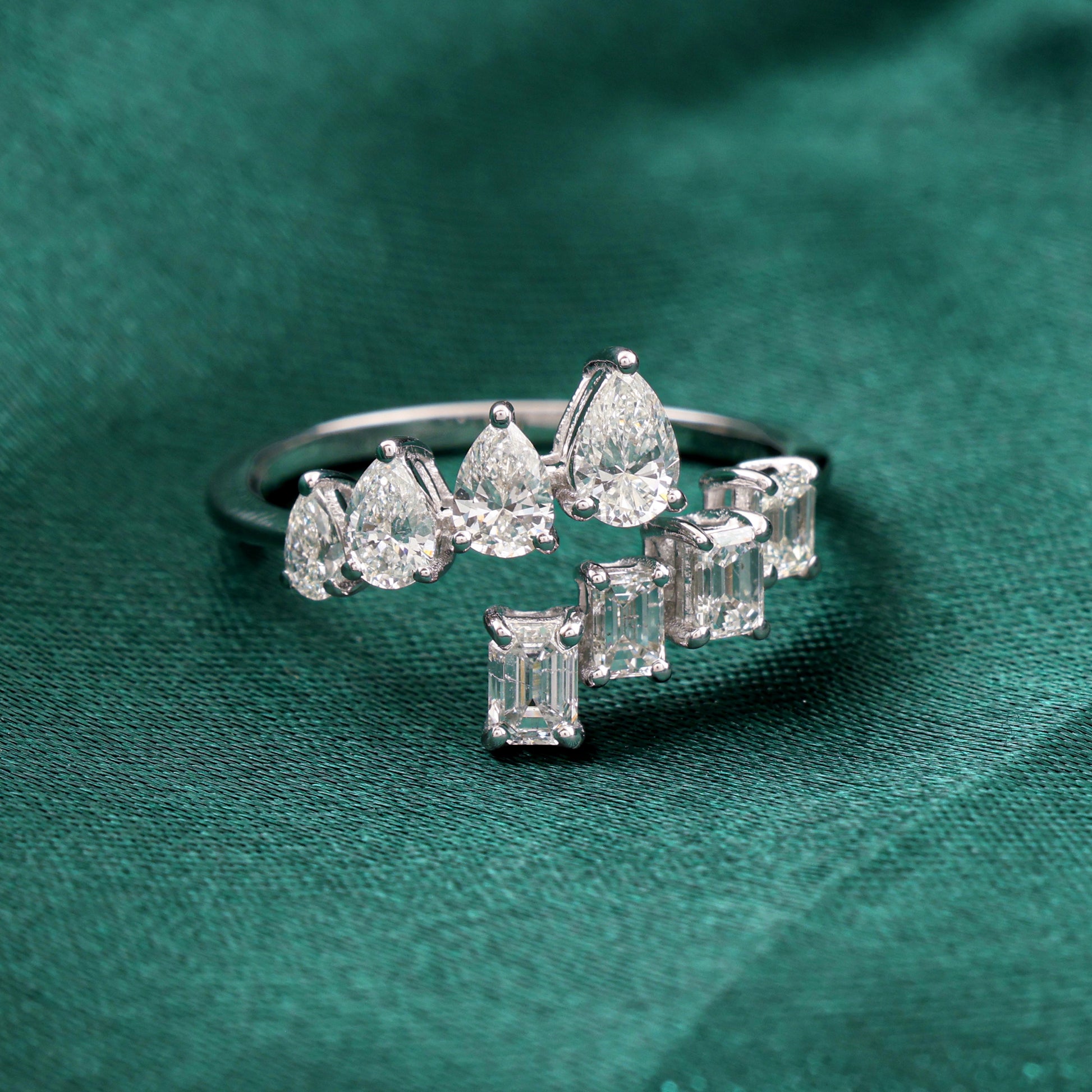 Pear Emerald Diamond Bypass Ring 14K Gold Open Design