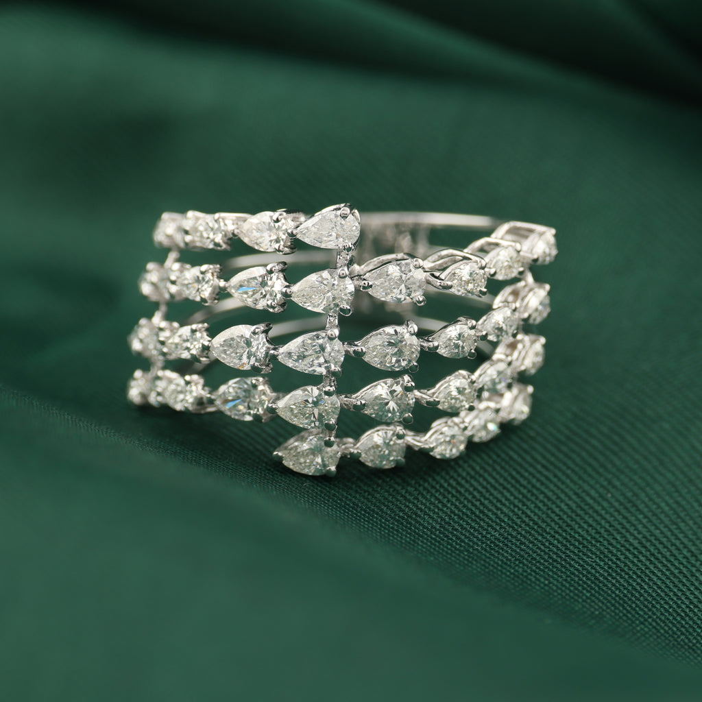 Multi Row Pear Shaped Natural Diamond Wide Band Ring