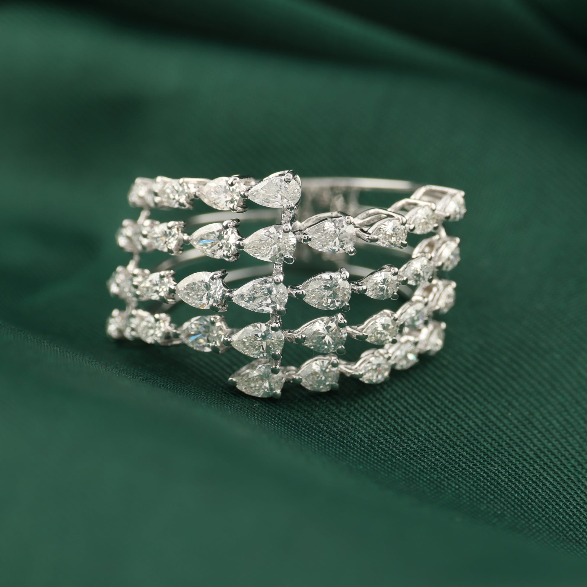 Multi Row Pear Shaped Natural Diamond Wide Band Ring