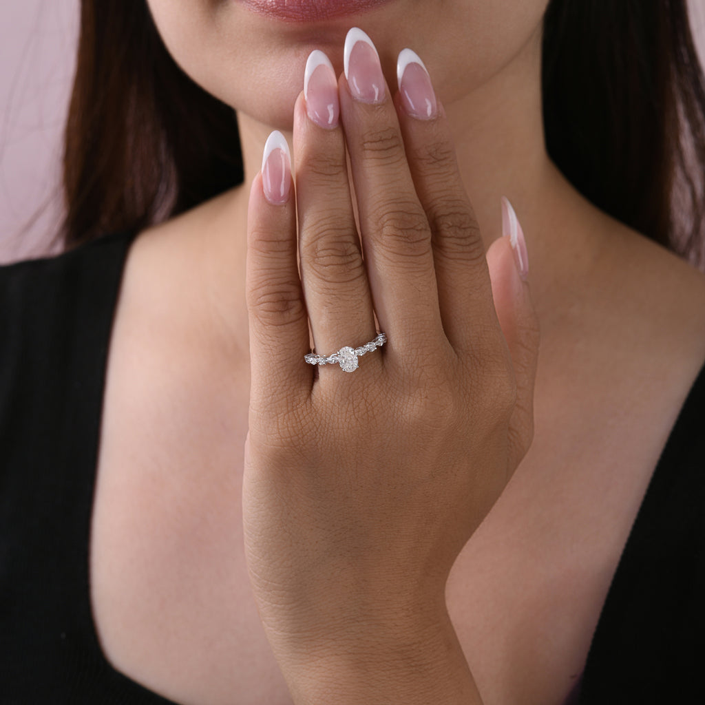 Delicate Oval Natural Diamond Solitaire Engagement Ring in Fine Gold